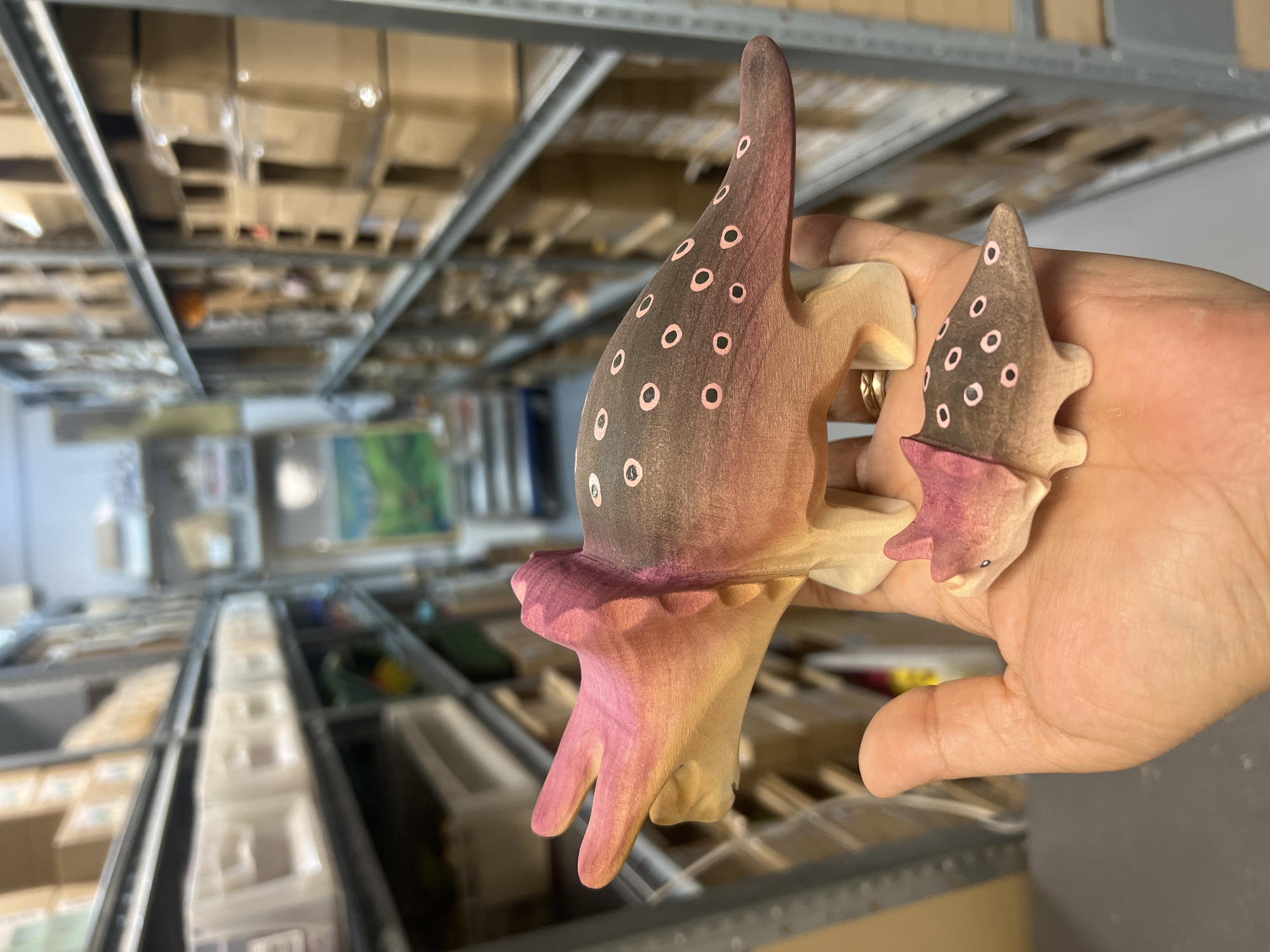 A pair of wooden dinosaur toys, one large and one small, are held in a person's hand. The large toy is a Triceratops, painted in shades of pink, purple, and tan, with pink dots on its back. The smaller toy is also a Triceratops, similarly colored and decorated. The background shows shelves filled with boxes and plastic containers, suggesting a warehouse or storage facility. The lighting is natural, coming from the side, and the overall tone is warm.