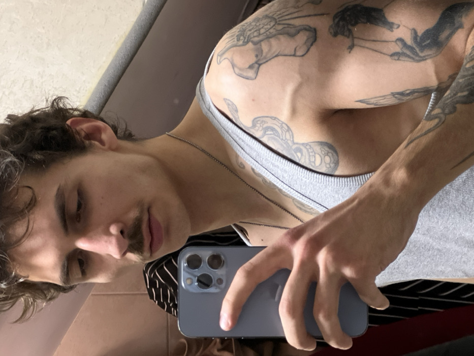 A young adult male, with brown wavy hair and a prominent mustache, is depicted in a mirror selfie. He wears a light grey ribbed tank top and a thin, silver-colored chain necklace. His left arm, visible on the right side of the frame, is heavily tattooed, featuring imagery consistent with a classical winged torso, hands operating a string puppet, and a blade. The right arm, visible on the left, displays a tattoo resembling an octopus. The individual holds a light blue/grey smartphone with three visible camera lenses in his left hand, pointing it towards himself. His gaze is directed downwards towards the phone or his reflection. The background shows an indoor environment with light brown tiled walls and a partial view of a dark, striped fabric item. A grey horizontal bar is present in the upper right background. The specific location within Budva, Montenegro, cannot be determined from the provided visual information.