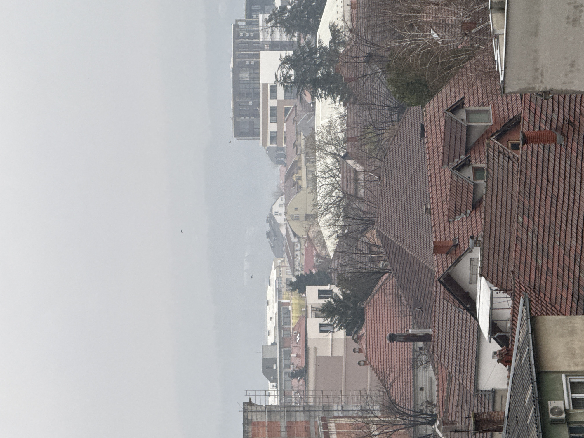 The image presents an overcast cityscape, likely taken from an elevated vantage point. Red-tiled rooftops dominate the foreground, interspersed with chimneys and dormer windows. Various building structures, including residential and commercial buildings, extend into the midground. The background fades into a hazy grey skyline. The location is Kragujevac, Serbia, given the architectural style and urban density depicted. The scene appears still and quiet, with no visible human activity.