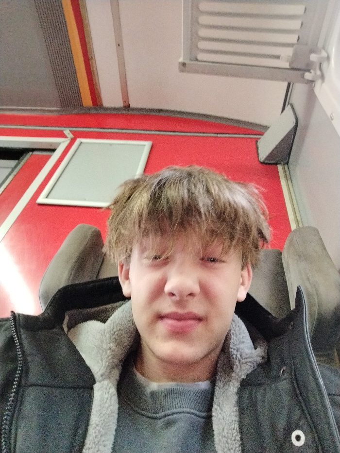 A fair-skinned young man with tousled blonde hair occupies the foreground. He's dressed in a grey sweater and a dark jacket with a grey fleece lining. Behind him, the scene suggests he's on some form of public transport, possibly a train. The interior features red panels, grey seating, and a white ceiling with fixtures. The background colors and architecture point toward an older model transportation design.