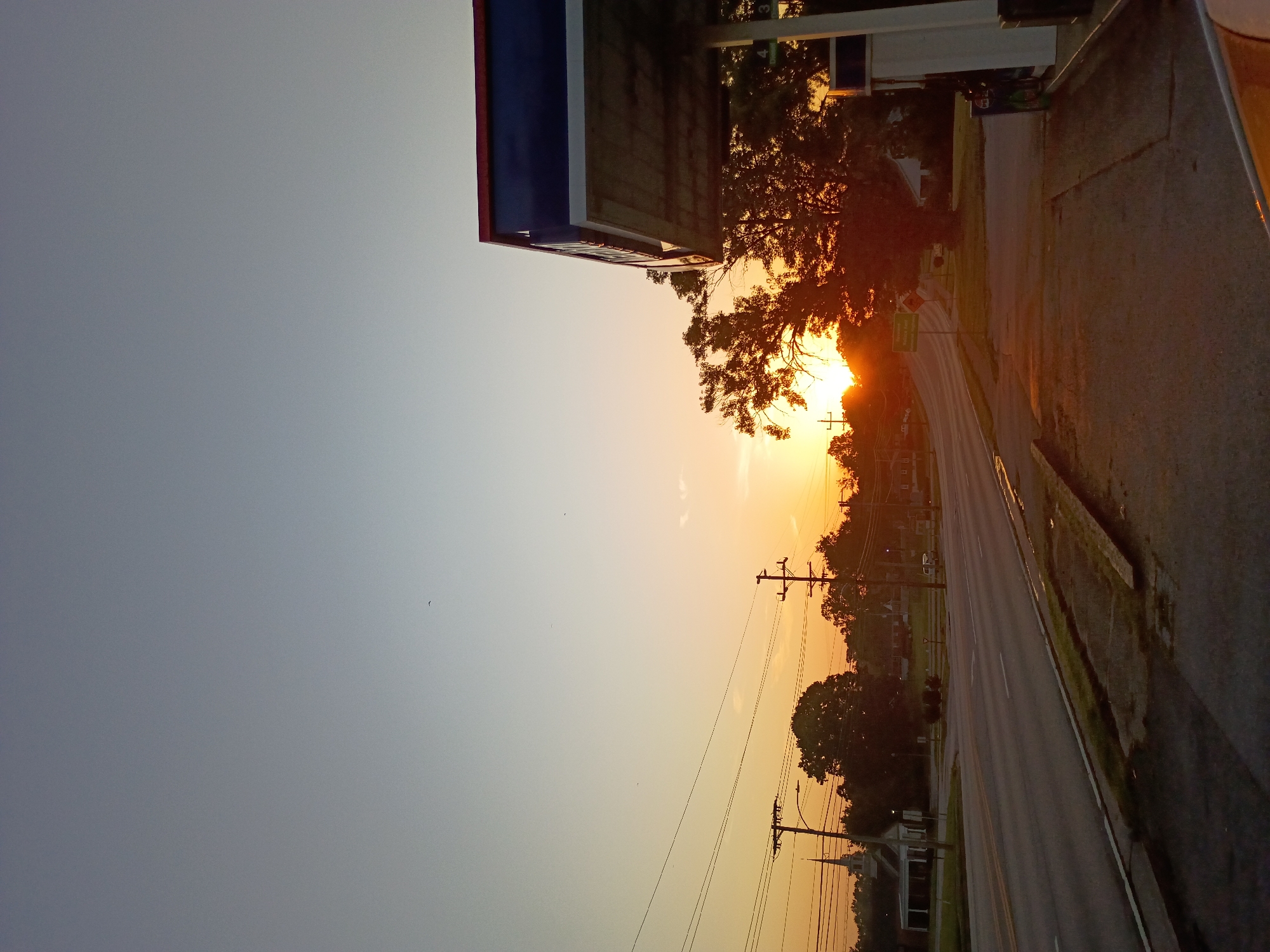 The image captures a roadside scene at sunset in Frankfort, United States of America. The sun, a bright orb, is partially obscured by the branches of a large tree, casting a warm, orange glow across the sky and illuminating the asphalt road. The sky transitions from a soft grey in the upper left to a vibrant sunset orange towards the right.
In the foreground, a portion of a gas station awning with blue and red trim is visible on the left. Adjacent to the road, a sidewalk or paved area can be seen, with some patches of grass and foliage. Telephone poles with electrical wires are prominent features along the side of the road, some with streetlights attached. The road itself appears to be a two-lane highway, with white lines marking the lanes.
In the background, on the right side of the road, are houses and more trees, all silhouetted against the sunset. The overall atmosphere is peaceful and serene, indicative of the end of the day. No people are visible in the frame. There are no discernible signs with text that can be read in this image. The weather appears clear, allowing for an unobstructed sunset view. The time of day is definitively sunset, given the intense colors and the position of the sun.