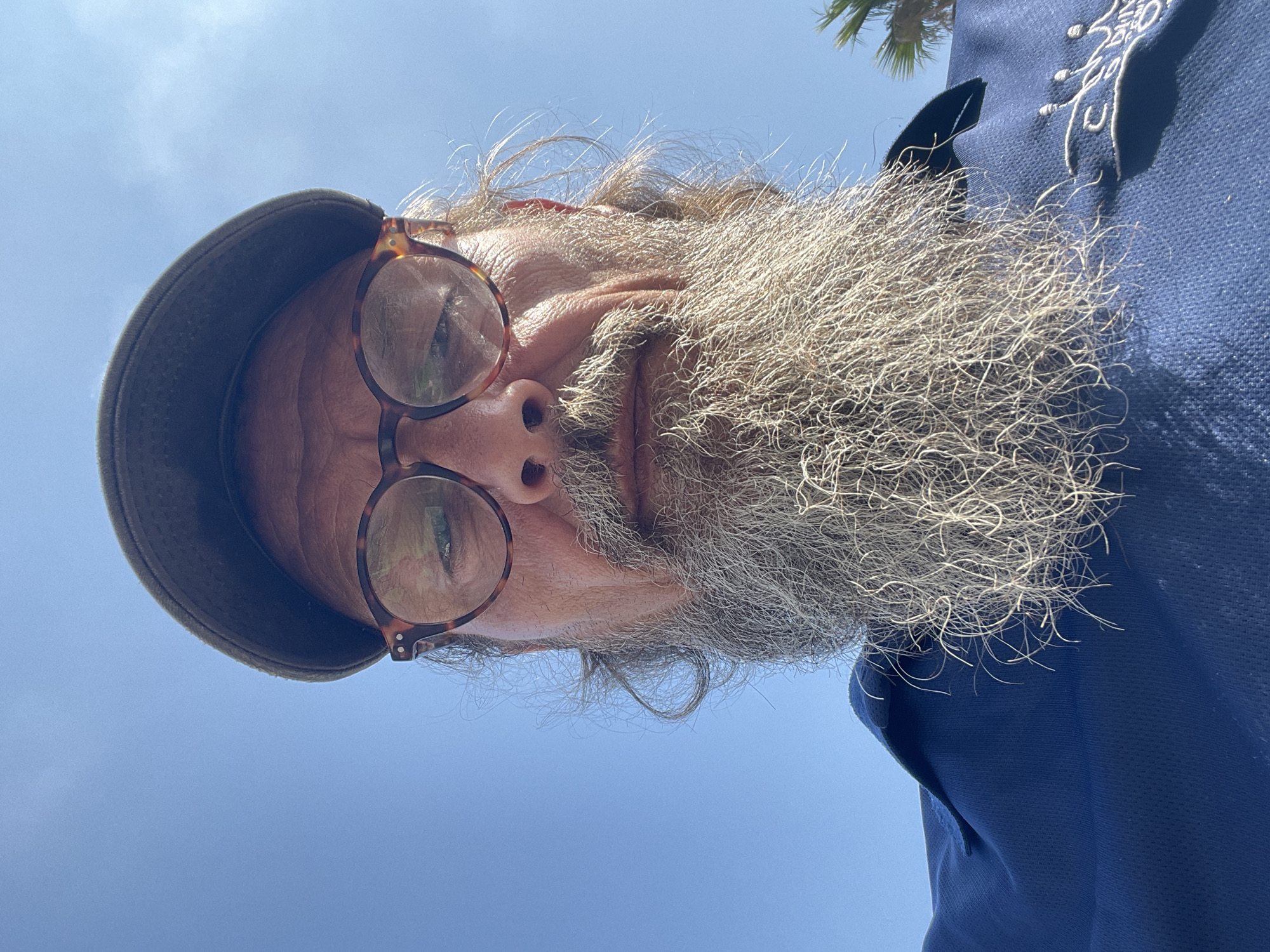 A close-up, low-angle selfie features a man from the chest up, against a bright blue sky. He wears a brown baseball cap, tortoiseshell glasses, and a dark blue collared shirt with an embroidered crown logo. His long, grey beard is prominent, obscuring much of his lower face. The photo appears to have been taken outdoors, possibly in Tel Aviv, Israel, given the clear sky and a hint of a palm tree visible on the right side.