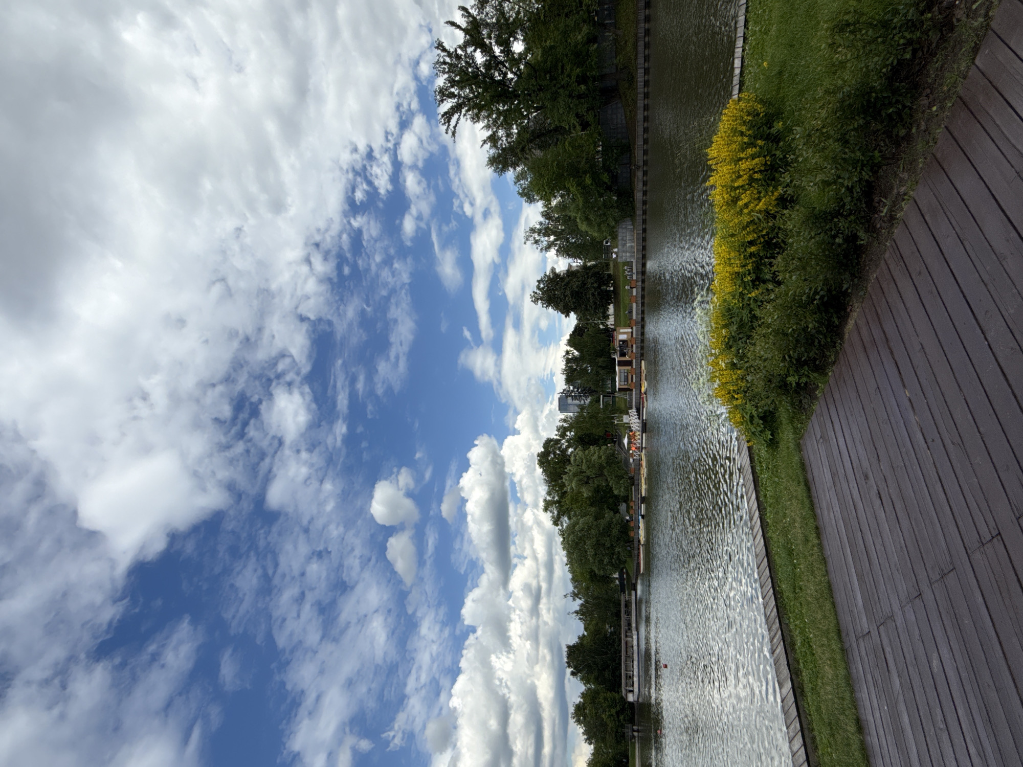 This is a wide-angle, outdoor, eye-level photograph taken on a cloudy day. The scene depicts a body of water, likely a river or lake, with a wooden deck in the foreground. The deck is made of dark wood planks laid horizontally. Beyond the deck is a strip of green grass, followed by a wooden retaining wall along the water's edge.
Across the water, a lush green treeline borders the opposite bank. Several small boats are docked along this bank, some with people visible. A larger boat, possibly a tour boat, is also moored. In the distance, behind the trees, a modern, tall building can be seen, indicating an urban environment. A cluster of bright yellow flowers and green bushes adds a splash of color to the right side of the image. The sky above is a mix of blue and white clouds, with the clouds appearing somewhat dense in some areas.
This scene is consistent with the VDNKh park area in Moscow, Russia, specifically near one of its water bodies, possibly the Arkhipovka river or one of the park's ponds. The presence of the wooden deck, the row of docked boats, the treeline, and the distant modern architecture are all characteristic of this location.