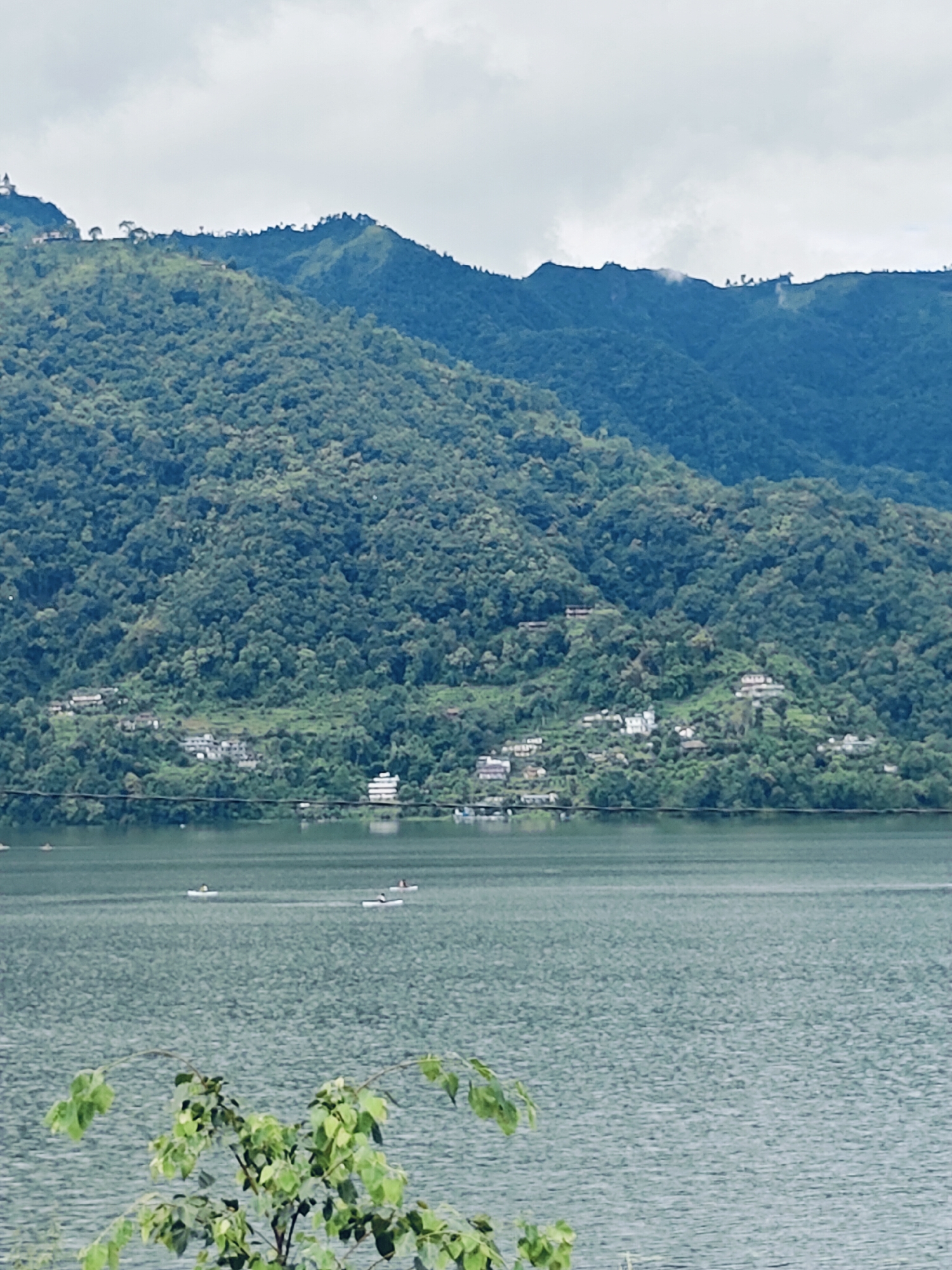 A panoramic view captures the serene beauty of Phewa Lake in Pokhara, Nepal, under an overcast sky. In the foreground, lush green foliage frames the lower edge of the image, hinting at the abundant plant life of the region. The middle ground is dominated by the calm, rippling surface of Phewa Lake, reflecting the muted light. Several small boats, occupied by individuals, are scattered across the water, engaged in recreational rowing. A thin, dark line, possibly a power cable, stretches horizontally across the lake's surface in the mid-distance.
The background is dominated by the majestic, tree-covered hills that encircle the lake. These rolling mountains rise steeply, their slopes densely forested with various shades of green. Dotted along the hillsides are scattered buildings, indicating human settlements nestled within the natural landscape. The uppermost slopes of the mountains are silhouetted against the pale, cloudy sky, with the jagged ridgeline suggesting a rugged terrain. A small, light-colored structure, possibly a temple or stupa, is visible on one of the highest peaks in the far left of the image. The overall atmosphere is one of tranquility and natural grandeur, characteristic of Pokhara's famous lakeside scenery.