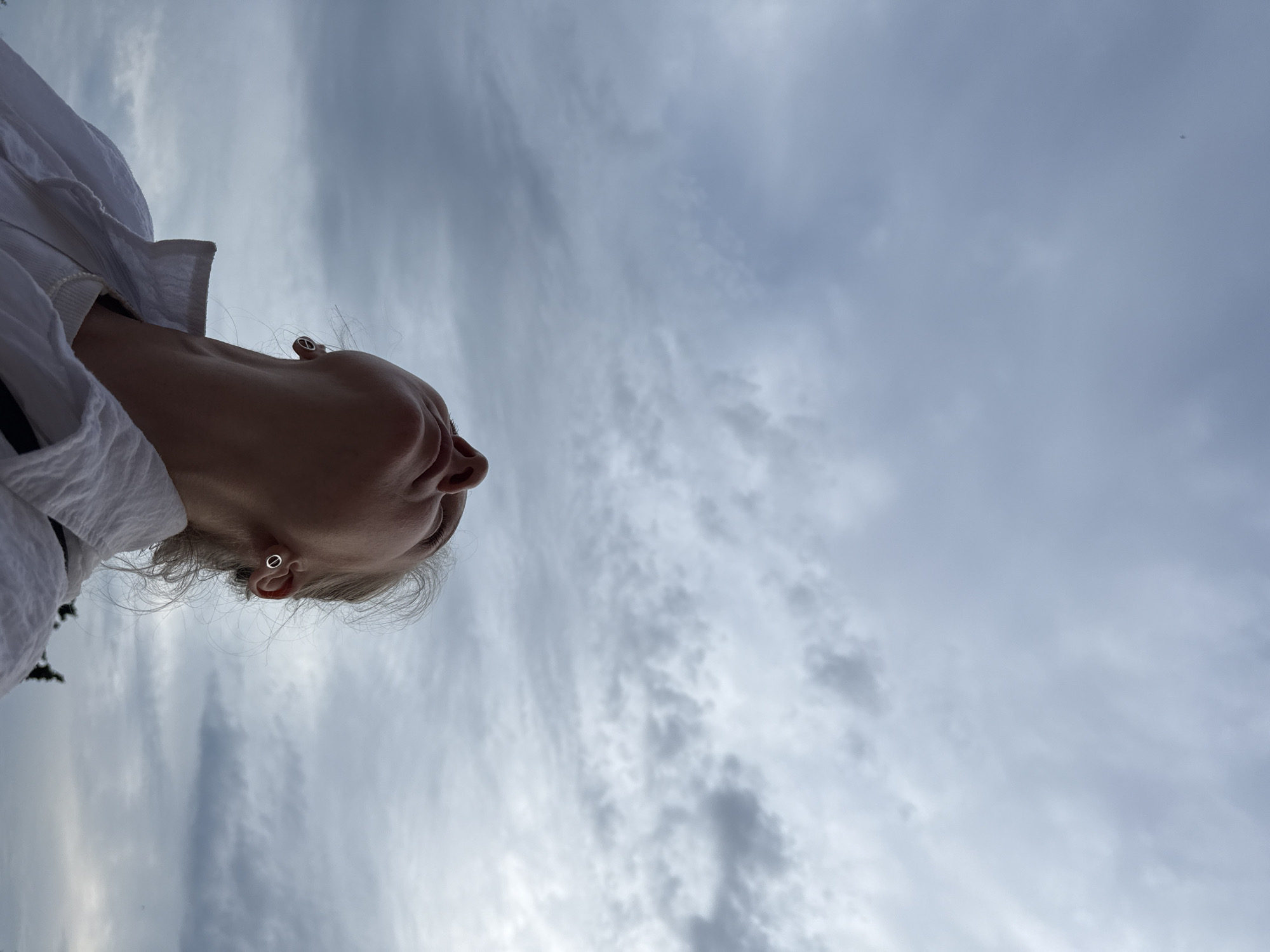 The image displays a close-up, low-angle view of a person, likely an adult female, with their head tilted sharply upwards, exposing the chin and an extended neck. The individual's eyes are directed skyward and are not distinctly visible. Light-colored hair frames the face and is visible near the ears. She wears a white collared shirt, under which a light-colored top and a subtle white necklace are visible. Both earlobes are adorned with small, circular stud earrings; the earring on the viewer's right ear features a hollow circular design. The dominant background is an overcast sky with various formations of grey clouds, indicating diffuse lighting. A dark, indistinct mass, possibly foliage or a tree, is visible in the extreme lower right portion of the frame. A tiny, dark speck is present in the upper left section of the sky. The location is Unknown, Unknown.