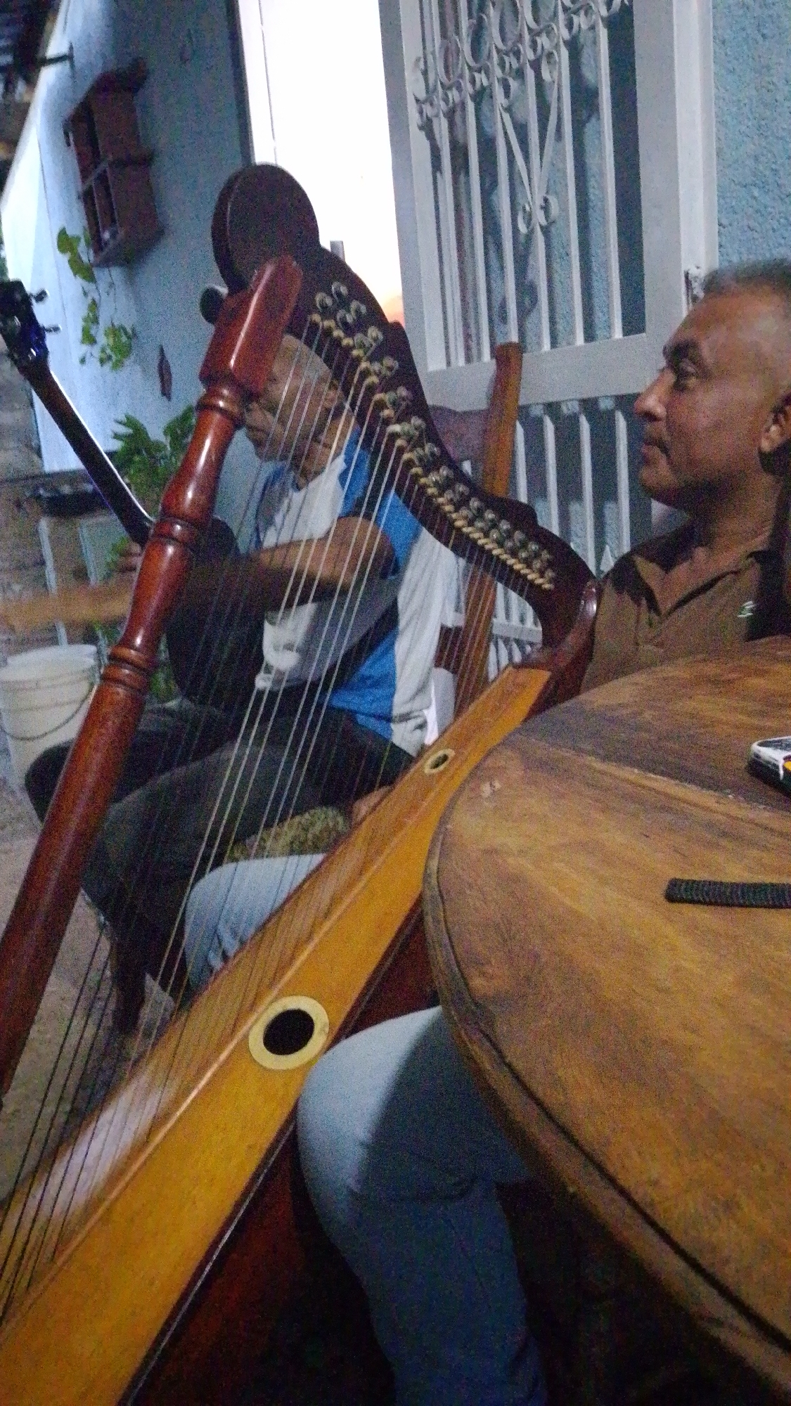 The image depicts two men in Tinaquillo, Venezuela. One man is seated and playing a Paraguayan harp. The harp is large and prominently features many strings. The other man is seated at a wooden table next to the harp player. In the background are a window with bars, a wall with vines, and part of another musical instrument.
