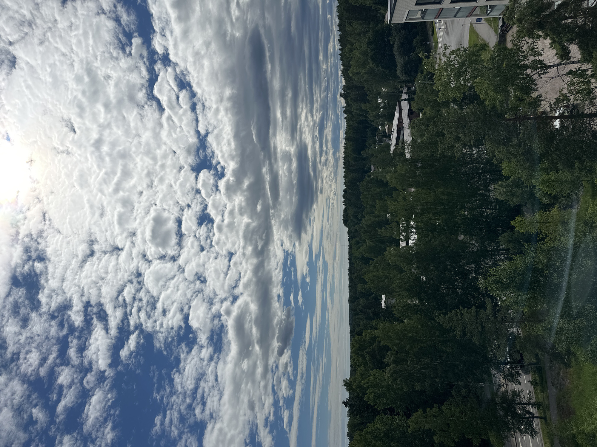 This media file depicts a landscape scene dominated by a sky filled with dynamic clouds. On the left, a bright sun peeks through a dense arrangement of fluffy, white cumulus clouds, creating a luminous effect. To the right, the sky transitions to a more linear pattern of altocumulus clouds, interspersed with patches of blue sky. The clouds suggest a partly cloudy day.
The horizon line divides the sky from a verdant terrestrial scene. A dense line of green trees forms a natural boundary, with the tops of taller trees reaching towards the sky. Beyond the trees, on the right side of the frame, a modern, multi-story building with a light-colored facade and dark windows is visible. A road with visible lane markings and parked cars can be seen running alongside the trees and in front of the building, indicating an urban or suburban setting. Some of the trees are lighter in color, suggesting deciduous varieties, while others are dark green, likely evergreens. The overall impression is one of a bright, partly cloudy day with a mix of natural and built environments. There is no visible text in the image. The orientation of the image is rotated 90 degrees counter-clockwise.