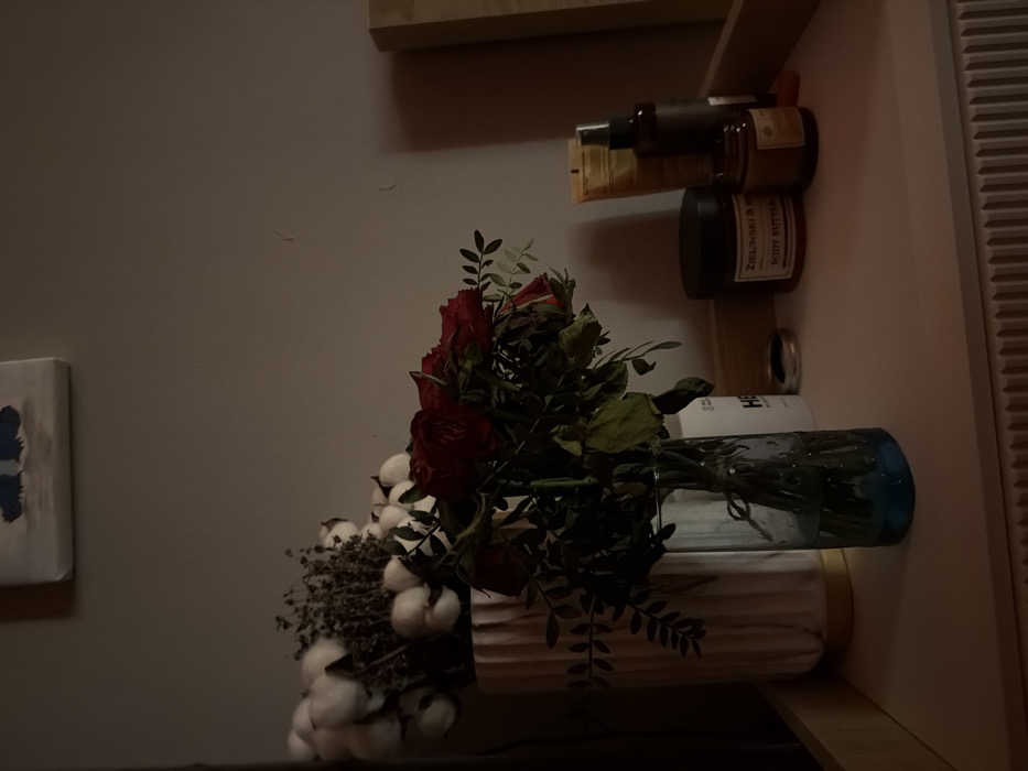 A vase with red roses and cotton stems rests on a shelf. Other items on the shelf include skincare products, a dark-colored jar labeled "Zielinski & Rozen Body Butter," and a small silver object. A partially visible canvas painting hangs on the wall to the left of the shelf. The scene is illuminated by a soft light source.