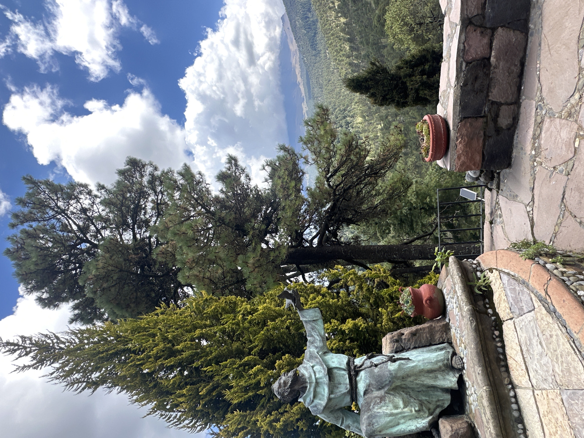 In San Mateo Ozolco, Mexico, a statue of Saint Francis of Assisi, made of weathered green material, is positioned on a stone ledge, holding a bird in its outstretched hand. The statue is surrounded by lush greenery, with tall trees and a dense forest visible in the background, extending to a mountainous landscape under a bright blue sky dotted with white clouds. In the foreground, a stone pathway leads to the statue, with terracotta pots containing small plants placed on the stone ledge. A dark metal fence is visible behind the statue, with a solar panel attached to one of its posts. The overall scene depicts a serene and natural setting, likely a garden or a viewpoint in a mountainous area.