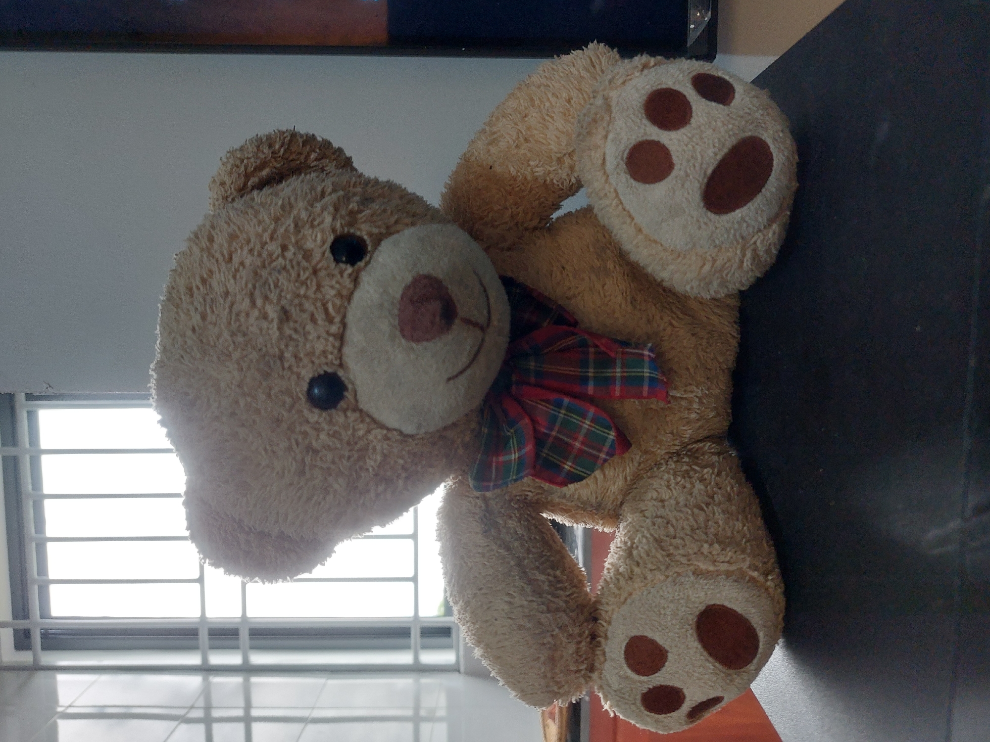 A tan teddy bear with a plaid bow tie is lying on a dark surface, possibly a table. The bear is positioned with its head facing the left side of the image and its body angled towards the right. A window with white bars and a bright background is visible to the left of the bear. The setting appears to be indoors. It is not possible to determine whether this scene is in the city of Dar es-Salaam, Tanzania or any other specific location.