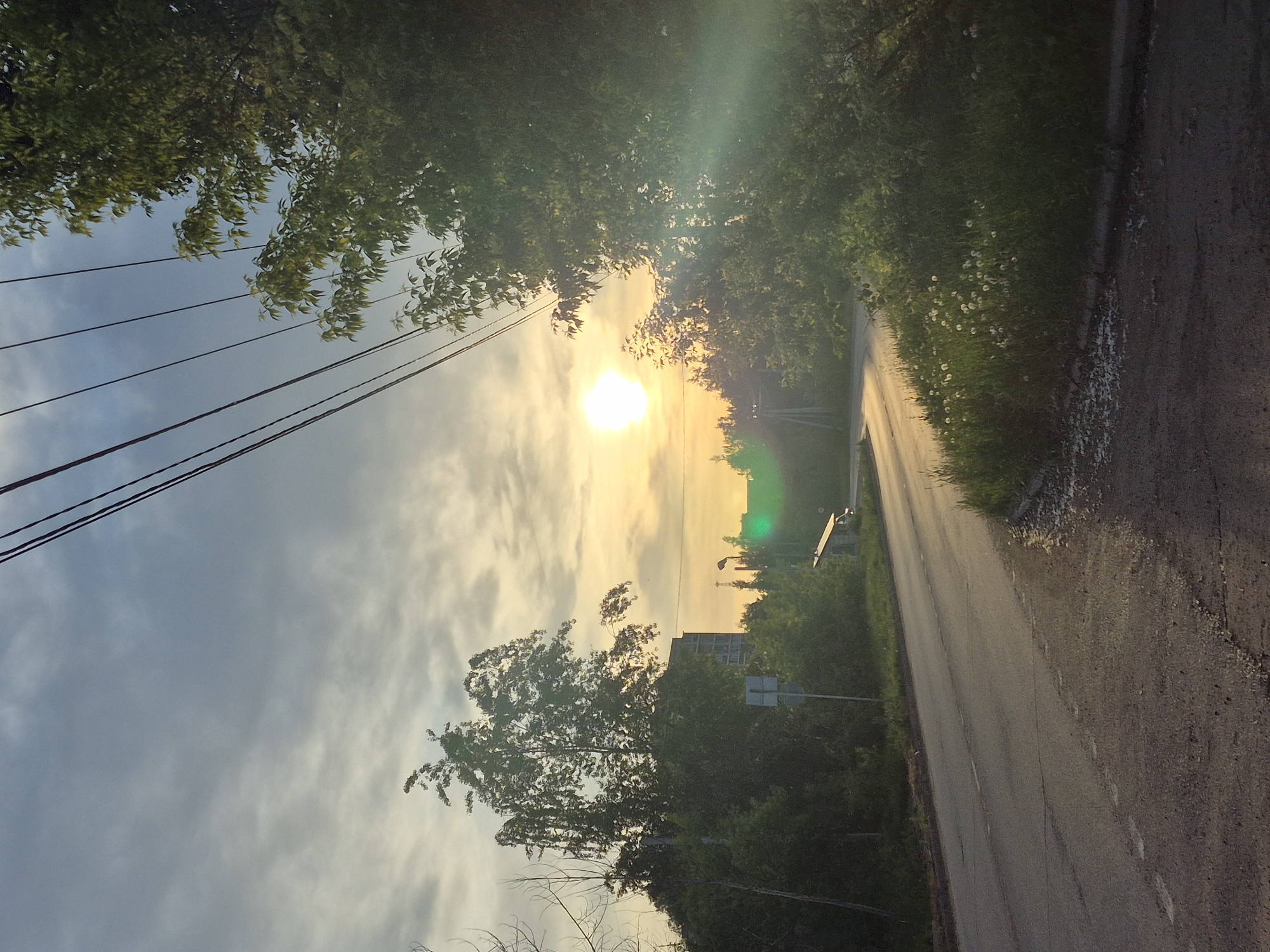 The image shows a street view in Chaikovsky, Russia at sunset. The sun is visible in the center of the image, obscured by clouds and trees. Power lines are visible in the upper left. A road runs along the right side of the image, bordered by trees and vegetation. A sign and a building are visible in the distance.