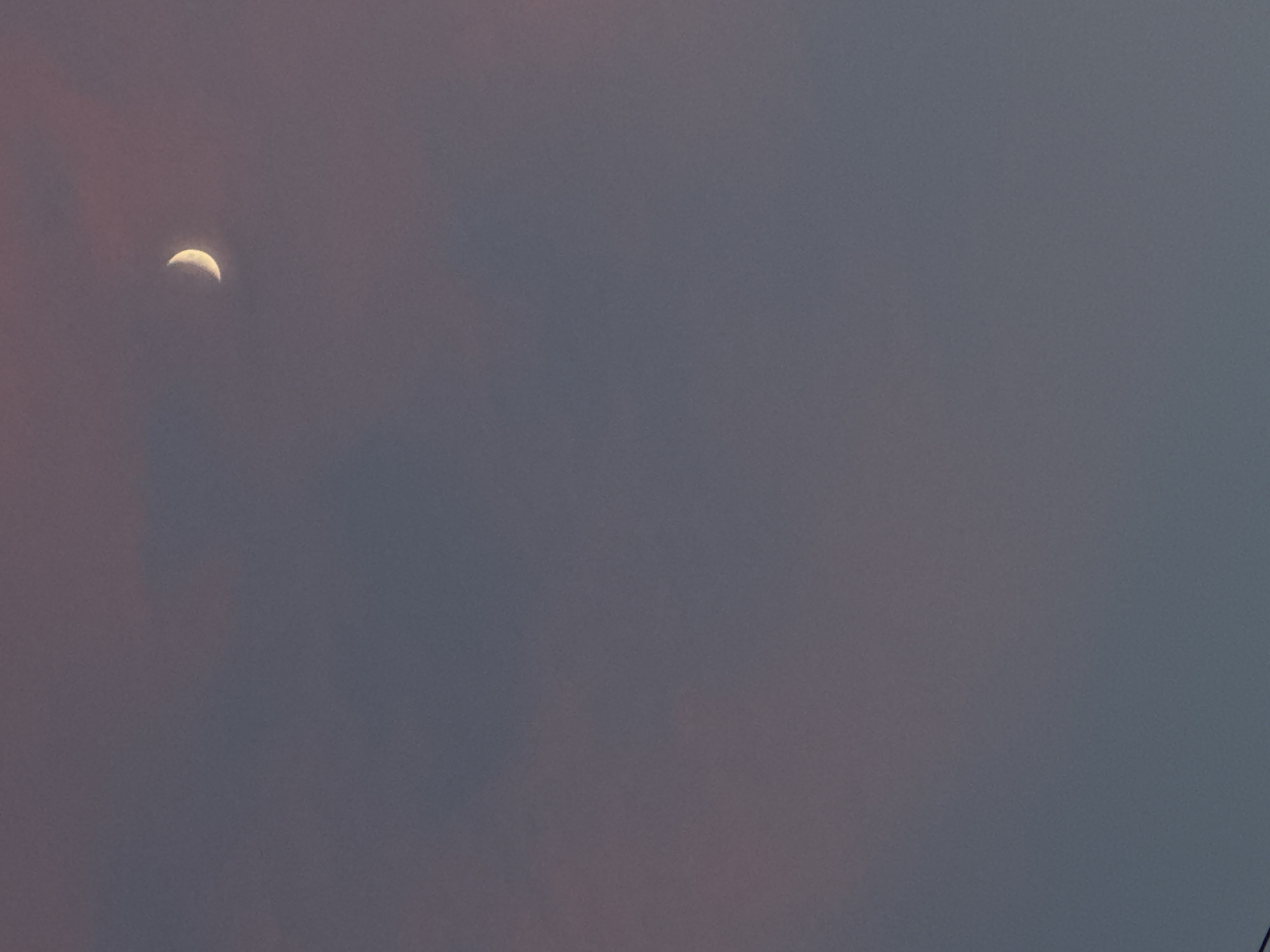 A sliver of a crescent moon is visible in the upper right quadrant of the image against a dusky, purple-grey sky. The sky appears to be filled with diffuse clouds, with hints of pinkish-red at the top. The bottom of the image is dark and out of focus, with a thin, dark horizontal line possibly indicating a wire or cable. No specific location in Mikhaylovsk, Russia can be determined from the image.