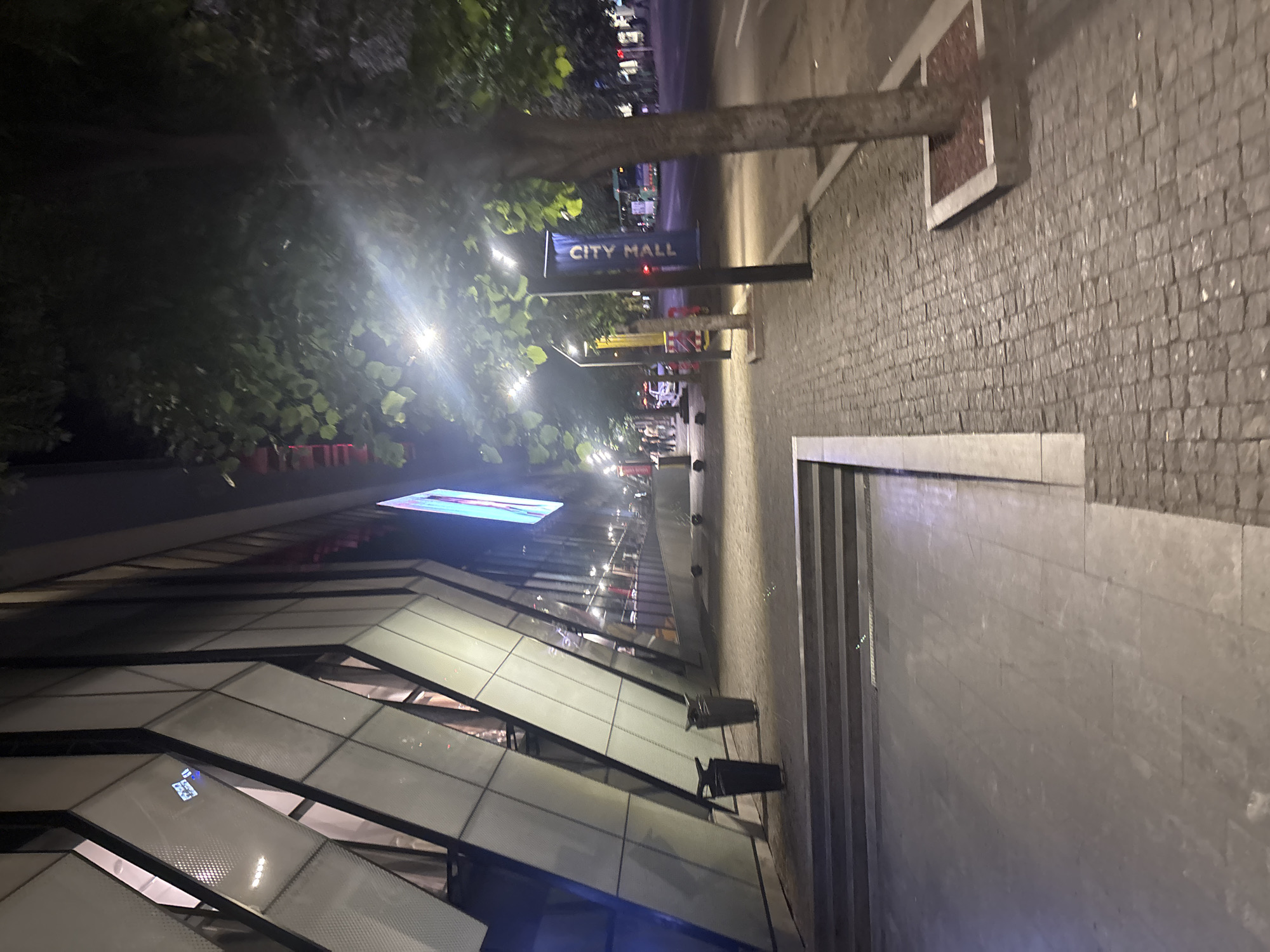 A nighttime street scene in Tbilisi, Georgia, features the angled, modern facade of a building on the left, illuminated by interior lights and a large digital display. The building's exterior is a mix of glass panels and opaque, diamond-patterned surfaces. In front of the building, a wide, paved area leads to a set of stairs. Two dark trash receptacles are situated near the building's base. To the right, a cobblestone sidewalk runs alongside a street. Trees with dense foliage line the sidewalk, and streetlights cast bright beams. A vertical banner on a pole reads "CITY HALL" in white letters against a dark blue background. In the background, traffic and pedestrians are visible on the street, with a bus and several cars present. The overall impression is of a well-lit urban environment at night.
