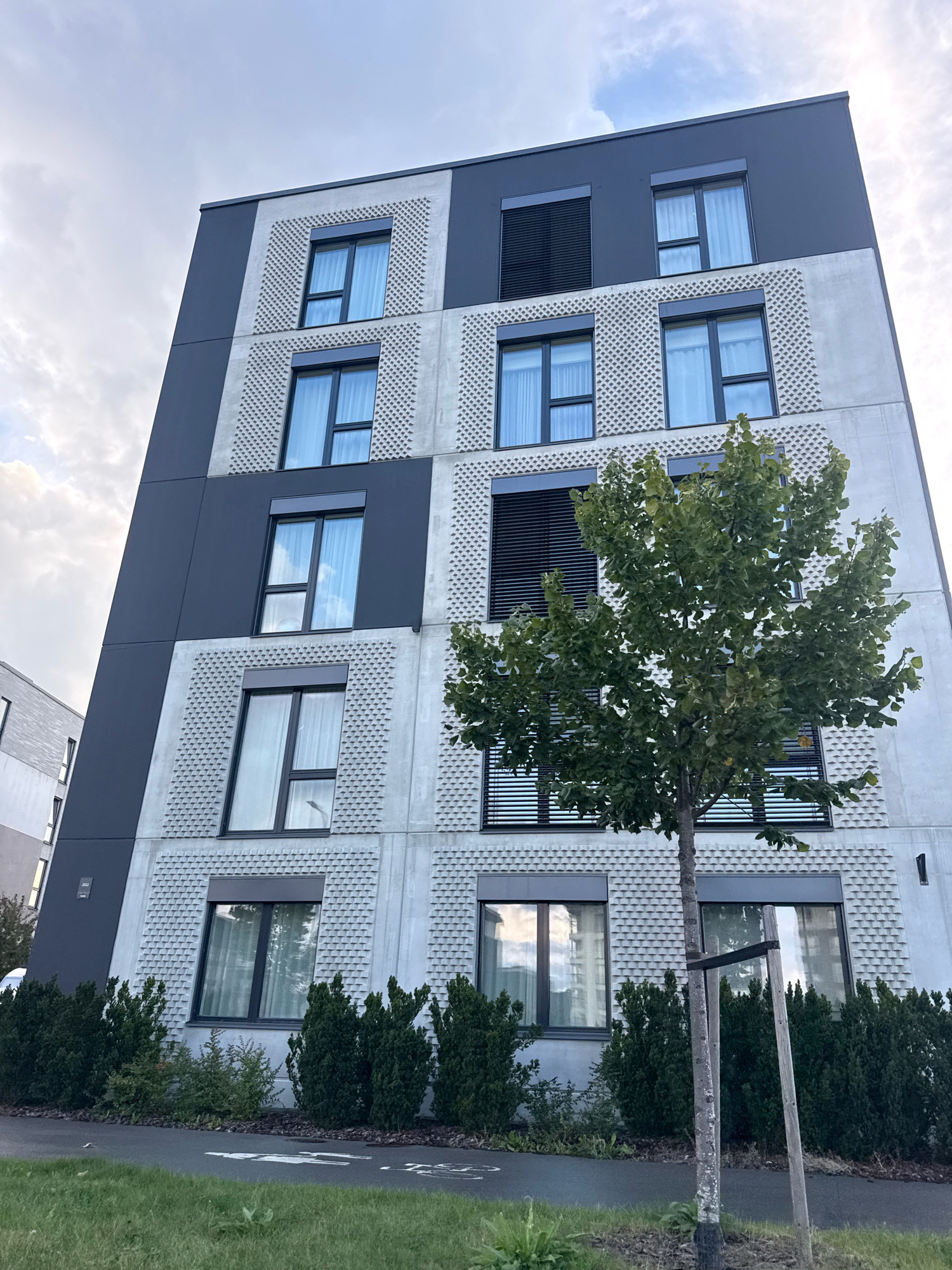 A modern apartment building with a dark gray facade and light gray concrete panels featuring a geometric pattern stands against a cloudy sky. Several windows with dark frames and light curtains are visible on the building's facade. A medium-sized tree with lush green leaves is positioned in front of the building, with its branches partially obscuring some of the windows. Below the building, there is a row of dense green bushes and a paved pathway with a bicycle lane symbol. The ground in the foreground is covered with green grass. The building appears to be located in a suburban or urban area.