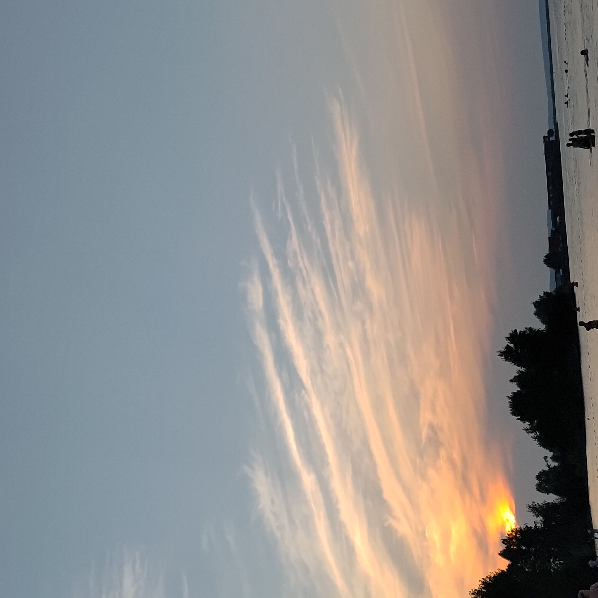 The image depicts a serene sunset scene at a waterfront, likely in Chaikovsky, Russia, given the context. The sky is a gradient of soft blues and pale oranges, painted with wispy, elongated clouds that catch the fading sunlight. The sun itself is partially obscured by a dark silhouette of trees along the horizon, casting a vibrant yellow glow. In the foreground, a calm body of water reflects the sky's colors. Several dark tree lines dot the distant shoreline, and a long, dark structure, possibly a building or a boat, is visible on the water. A few people are scattered across the water, some wading and others appearing to swim. The overall atmosphere is tranquil and peaceful, characteristic of a summer evening by the water.