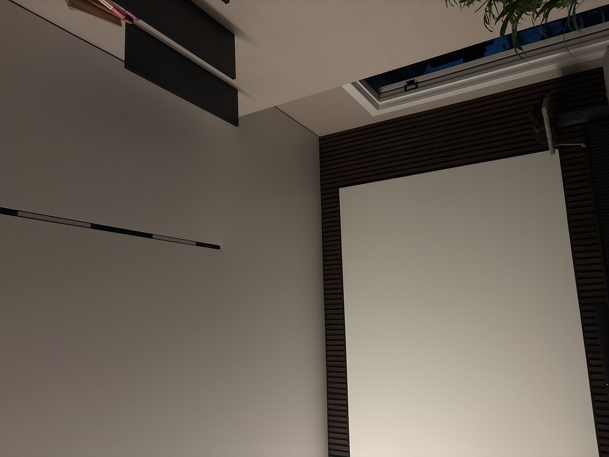 The image shows an indoor scene, likely an office or conference room. The primary subjects are architectural elements and furnishings. There is a large, blank projection screen dominating the right side of the frame, set against a wall with horizontal dark wood paneling. Above the screen and to the left, there is a white ceiling with a skylight that appears to be open, allowing some blue light to filter in, suggesting it might be daytime. To the far left, a thin black light fixture is mounted horizontally on a plain, light-colored wall. Further to the left and slightly above, a dark, angular shelf structure is visible, with what appears to be some documents or books placed on it. The overall impression is one of a modern, functional space. No people are visible. There is no text clearly legible in the image. The lighting suggests it is likely daytime, but the interior setting makes it difficult to determine precise time or weather conditions. The context provided indicates the location is Mikhaylovsk, Russia.