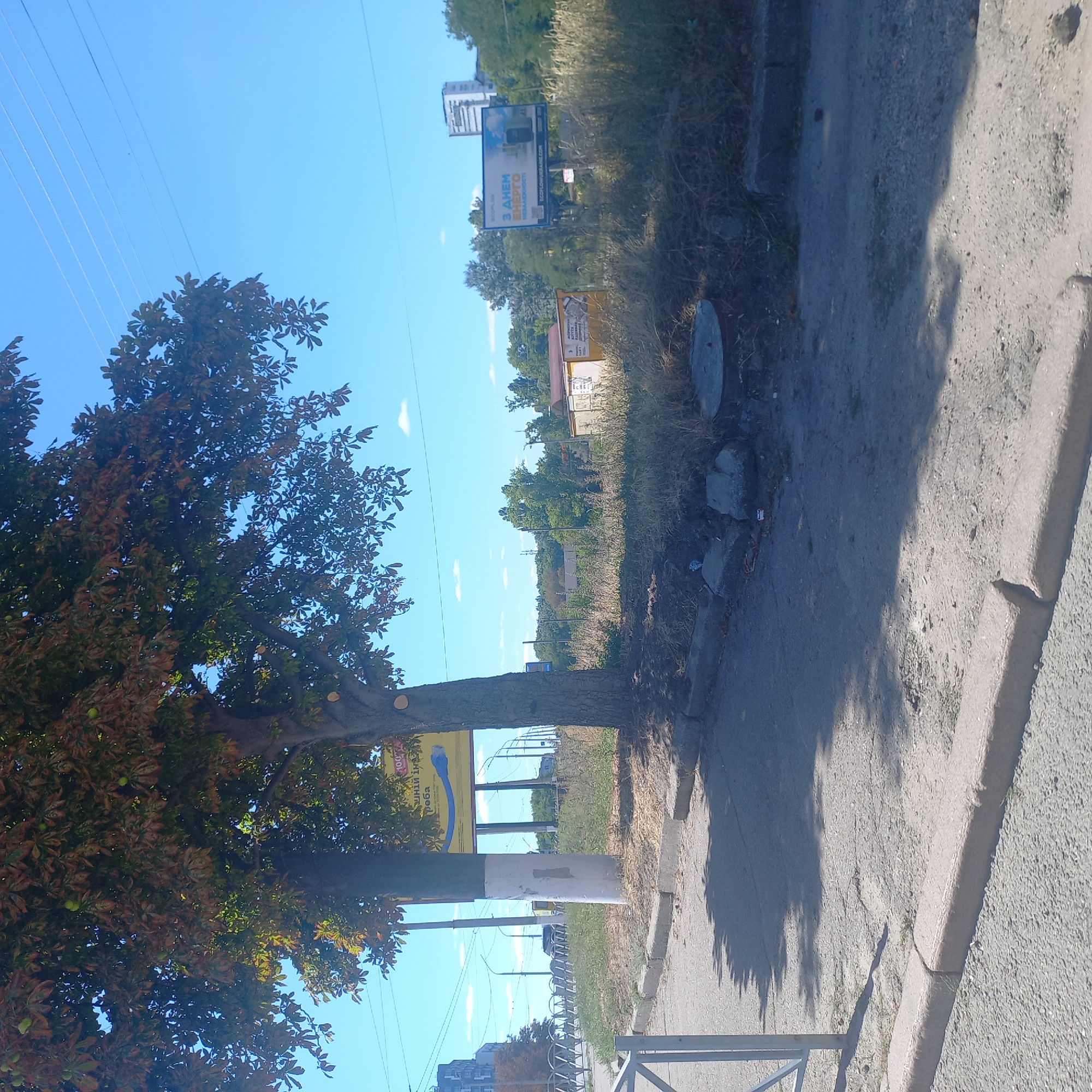 The image shows an outdoor scene with a clear blue sky and a few scattered white clouds. In the foreground, there is a paved area with a concrete curb, suggesting a sidewalk or road edge. Shadows from trees are cast on the ground. To the right, a large tree with partially autumnal foliage is prominent. Behind the tree, there is overgrown grass and some debris.
Further into the background, there are utility poles and a billboard with text in Ukrainian. The billboard displays an advertisement with a blue graphic and text that reads "З ДНЕМ ЕНЕРГОНЕЗАЛЕЖНОСТІ" (Happy Energy Independence Day). There are also some buildings visible in the distance, including a modern, multi-story building on the right side of the frame.
The scene appears to be in an urban or suburban area. Considering the billboard text and the general appearance, this location could be Kropyvnytskyi, Ukraine. There are no people or animals visible in the image. The overall impression is a sunny day with some signs of urban infrastructure and natural elements.