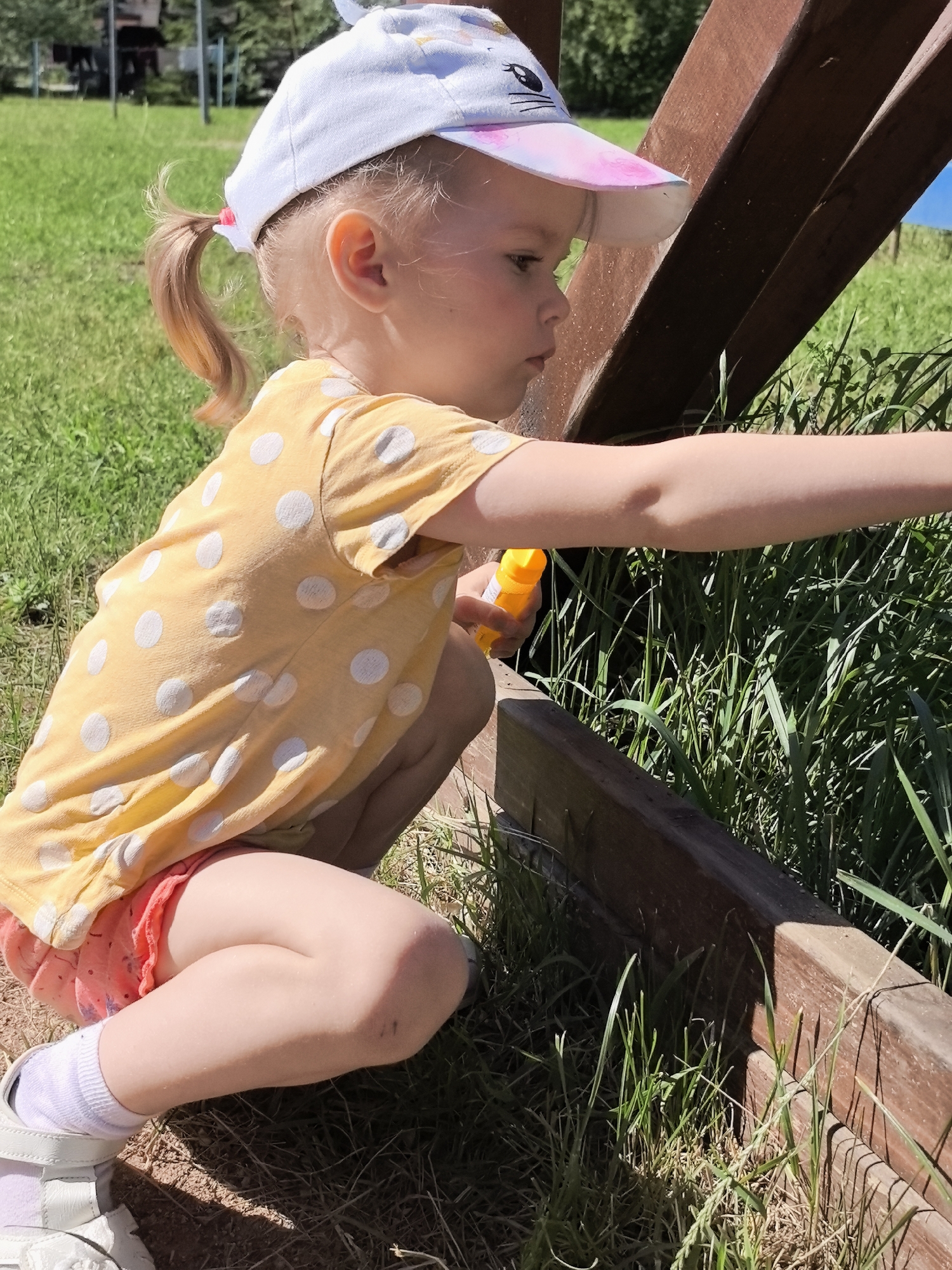 A young girl with blonde hair pulled into two pigtails, wearing a yellow polka dot t-shirt and coral shorts, kneels on the ground in a grassy area. She is wearing a white baseball cap with a pink brim and a cartoon cat design. In her right hand, she holds a yellow plastic bottle. Her left arm is extended towards the right side of the frame, where tall green grass grows next to a wooden structure. The girl is looking to her right, focused on something in the grass. The background shows a blurred green field and trees under a bright sky. The ground beneath her is a mix of dirt and dry grass.
