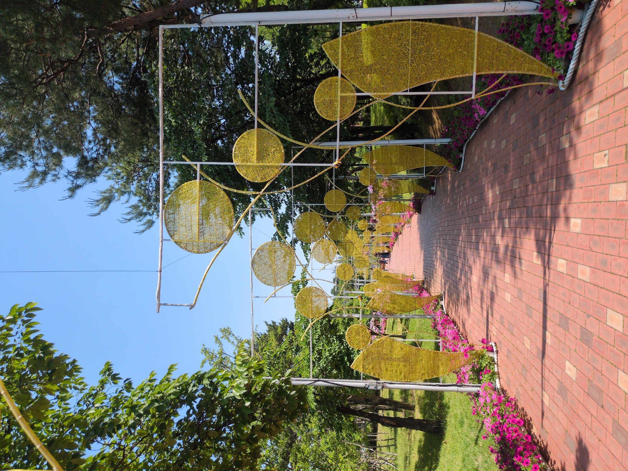 A paved walkway, made of reddish-brown bricks, is framed by structures of yellow geometric shapes supported by white metal frameworks. Along the walkway's edge, vibrant pink flowers bloom. Green trees and blue sky are visible above and around the structures. The scene is located in Daejeon, South Korea.