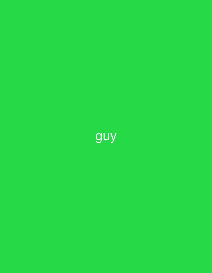 A stark green background fills the entire frame of the image. Centered within this vibrant green expanse, the word "guy" is displayed in a simple, white, sans-serif font. The text is positioned slightly above the vertical midpoint of the image. There is no discernable city, location, or environmental context present in this image.