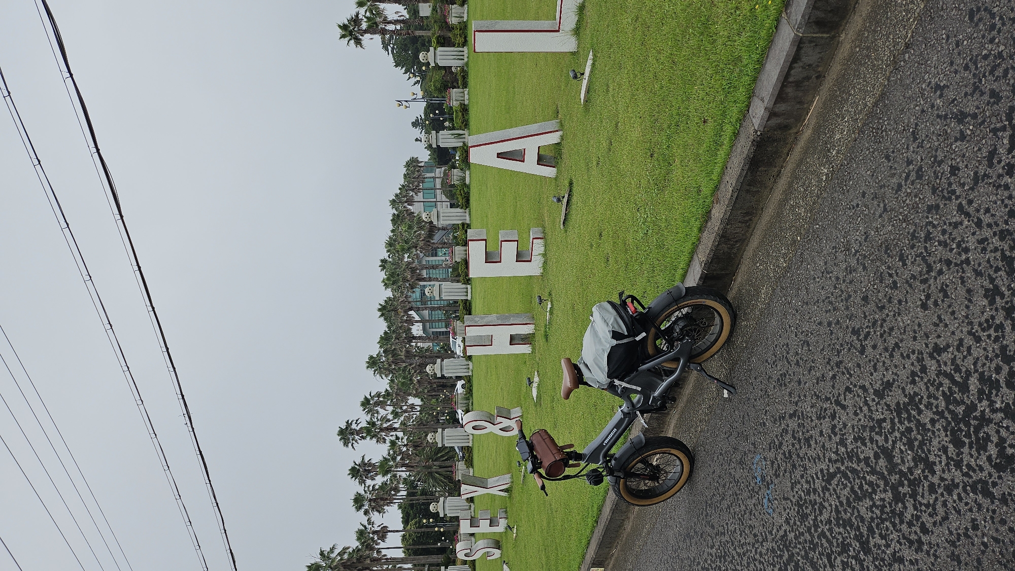 An electric bicycle is parked on the side of a road in front of a grassy lawn with large white letters that spell out "SEX & HEAL". The bicycle is dark gray with tan tires and a brown leather bag on the handlebars. A gray bag is attached to the rear rack of the bicycle. The letters are spaced apart and stand upright on the lawn. In the background, there is a line of palm trees and a building. The sky is overcast. The location is Seogwipo-si, South Korea.