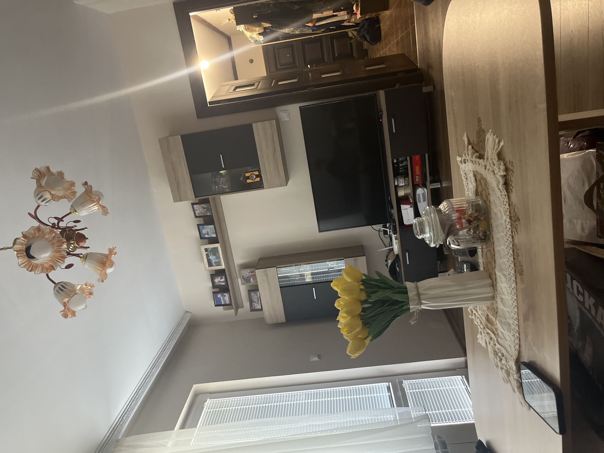 A cluttered apartment interior is shown. There is a living room with a TV set, wooden shelves, and a decorative chandelier. A vase of yellow tulips is placed on a table. The room has white walls and a window with white blinds. It is not possible to identify the specific location in Plovdiv, Bulgaria from the image.