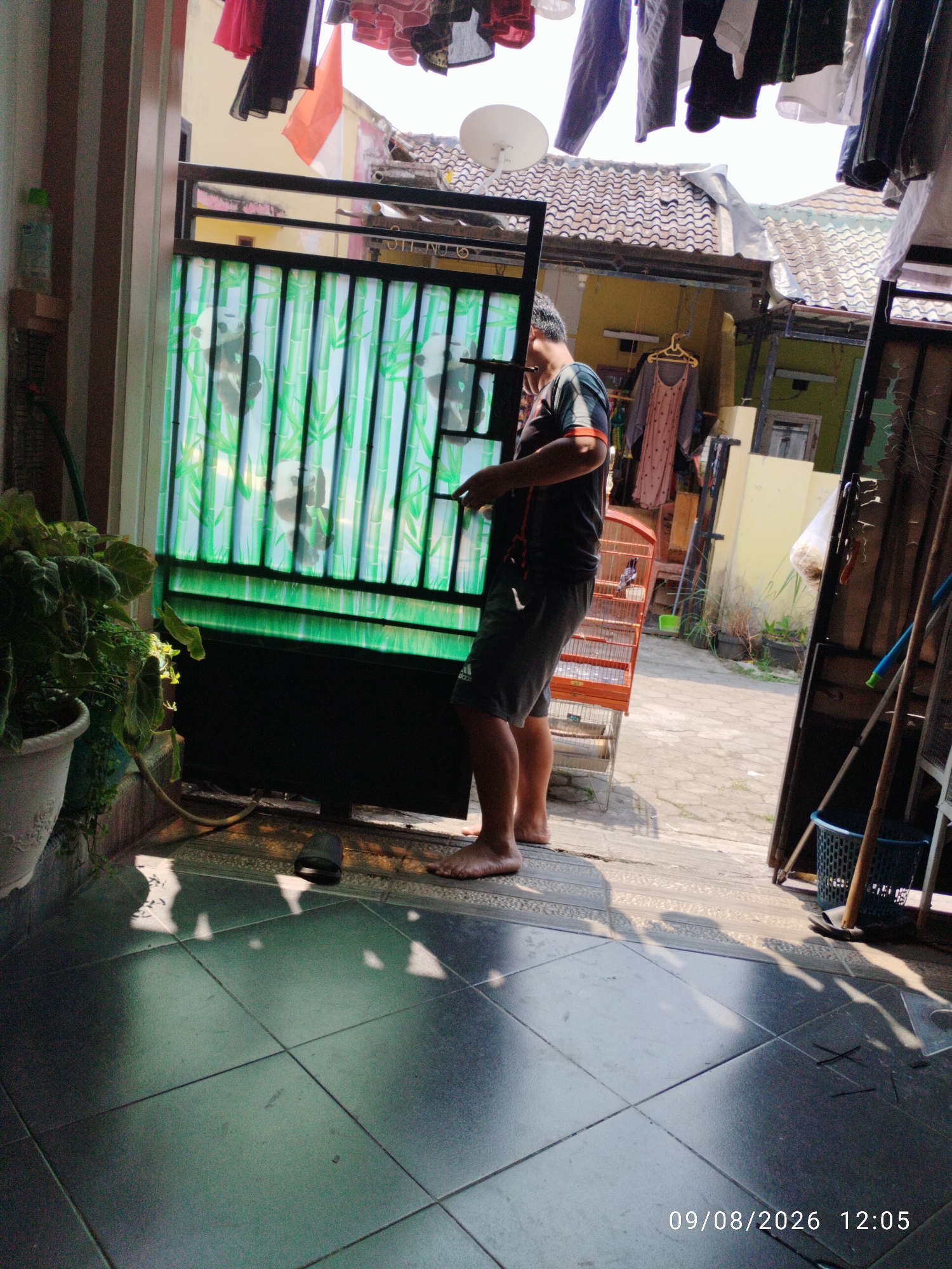 This media file shows a person standing in what appears to be an outdoor entryway or patio area. The subject is a male wearing a dark t-shirt with orange accents and dark shorts. He is facing away from the camera and to the right, reaching towards a green gate with a bamboo and panda motif. Next to him is an orange birdcage with a small bird inside.
The setting is residential, with houses and tiled rooftops visible in the background. Laundry is hanging on a clothesline overhead. The ground is tiled, with sunlight casting shadows, indicating a bright, sunny day. A large potted plant is visible to the left of the frame. There's a basket and some cleaning tools to the right.
The time stamp at the bottom right corner reads "09/08/2026 12:05", suggesting it is around midday. The overall atmosphere seems casual and everyday. There are no explicit emotional cues, but the scene suggests a typical day in a warm climate, possibly Indonesia given the location context.