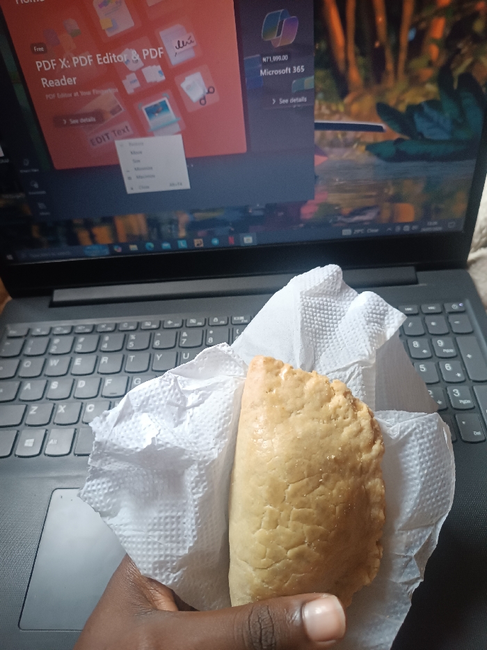 In Oye, Nigeria, a close-up, high-angle shot captures a dark-skinned left hand holding a golden-brown, crimped pastry, likely a meat pie, wrapped in white, textured tissue paper. The pastry is positioned in the lower center of the frame. In the background, a grey laptop is open, displaying its keyboard and screen. The laptop screen shows a desktop interface with open applications, including "PDF X: PDF Editor & PDF Reader" and "Microsoft 365," priced at N71,899.00. A context menu with options like "Restore," "Move," and "Close" is visible over the "PDF X" application. The screen's background depicts an out-of-focus natural scene with green foliage and warm lighting. The taskbar at the bottom of the screen indicates the time as 19:25 and the weather as 29°C Clear. The laptop's QWERTY keyboard is visible, with grey keys.