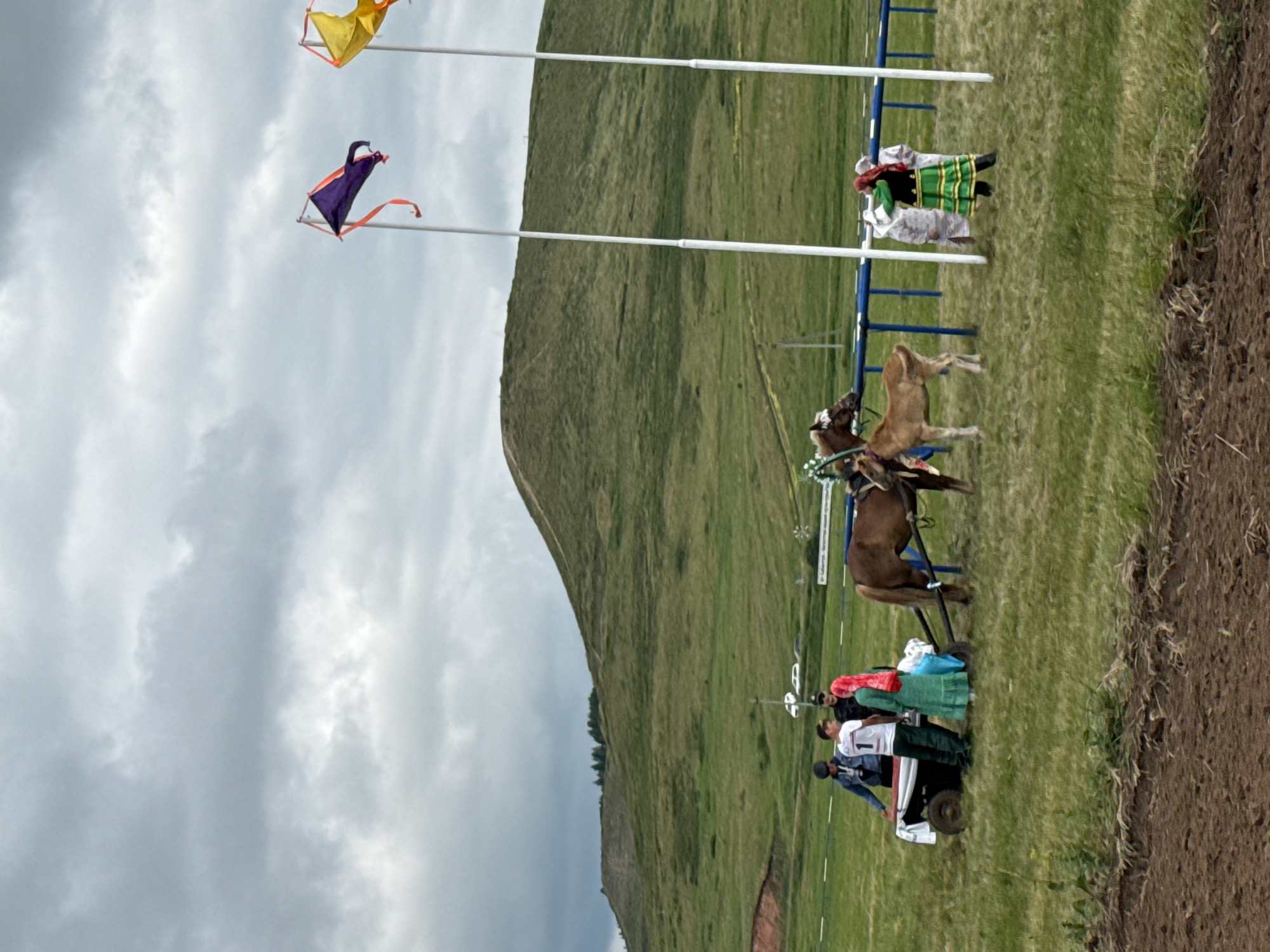 In the village of Nurkeevo, Russia, a horse race event is underway under a cloudy sky. In the foreground, a patch of brown soil suggests a dirt track. A blue fence with white posts lines a grassy area. To the left, a man in a blue jacket and a young man in a white jersey with the number "1" stand near a cart. A woman in a green dress and headscarf, holding a blue cloth, is also present. A brown horse is hitched to the cart, with another horse, possibly a foal, standing nearby. Further to the right, people in traditional attire, including a woman in a green and black outfit with layered skirts and a red headscarf, and another person in a white garment, are gathered. Two tall white poles stand in the field, topped with colorful flags - one purple with orange streamers and another yellow. In the background, a lush green, rolling hill dominates the landscape, with a winding path visible on its side.