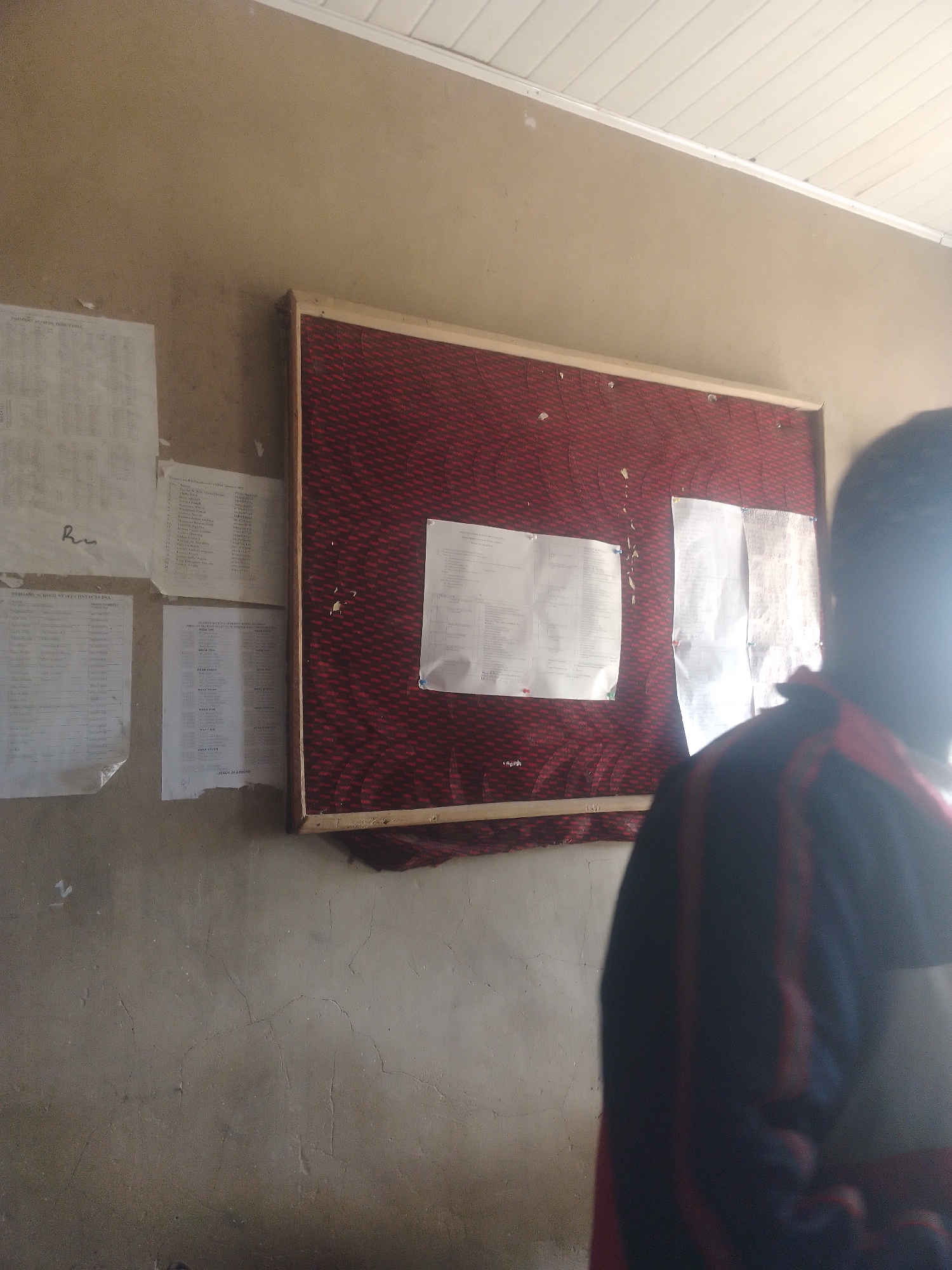 A bulletin board covered in red fabric is mounted on a textured, light-colored wall. Several sheets of paper are pinned to the board, displaying lists of names and possibly other information. To the left of the bulletin board, more papers are attached to the wall. The scene appears to be indoors, with a white, slatted ceiling visible at the top of the image. A person, partially visible and out of focus in the foreground, is facing the bulletin board, suggesting they are looking at or interacting with the displayed information. The lighting suggests it might be daytime, but the indoor setting makes it difficult to determine. The overall impression is of an educational or administrative setting, likely in Jalingo, Nigeria, where notices or schedules are posted. Some of the visible text includes "PRIMARY SCHOOL STAFF CONTACTS BSA" on a document to the left. Another document on the bulletin board appears to have a list of names, with a heading that might be a date or event.