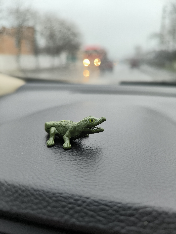 A small, green, plastic toy alligator, approximately 5-7 cm in length, with prominent yellow-green eyes and an open mouth displaying teeth, is positioned on a dark, textured dashboard in the immediate foreground. The background, viewed through a wet windshield, is heavily blurred, indicating precipitation. An outdoor urban or suburban road environment is discernible, with indistinct vehicles in the mid-distance, including one with two prominent, circular, yellow-orange headlights, possibly a truck or bus with a faint red upper body. Blurred outlines of buildings, including a light brown structure on the left, and bare trees line the roadside. The scene depicts an overcast or rainy daytime condition. The specific location within Illintsi, Ukraine, cannot be definitively identified from the visual information presented.