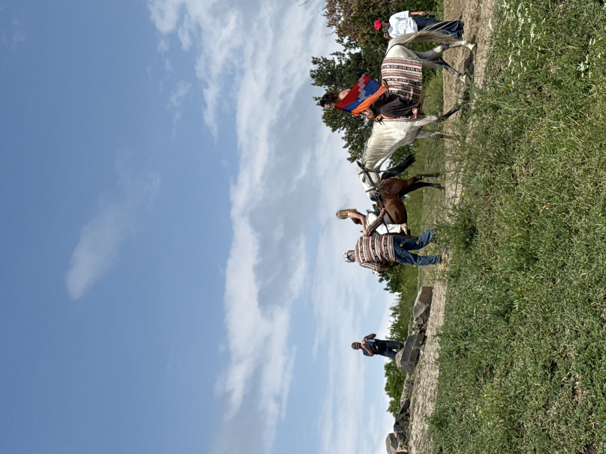 In Sevan, Armenia, on a grassy hillside under a partly cloudy blue sky, a group of people are engaged in a scenic activity. In the foreground, a white horse with an Armenian flag draped over its saddle is being ridden by a woman wearing traditional clothing. The horse is adorned with a patterned blanket. Behind this horse, a brown horse is also ridden by a woman. To the left, a man stands on rocks, holding a bottle, while another man in a striped shirt and jeans walks on the grassy path. Further to the right, a person in a white t-shirt and dark pants stands and observes the scene. The environment is natural, with sparse rocks and green vegetation, including wildflowers. The overall atmosphere suggests a cultural event or a leisurely outing in a picturesque location.