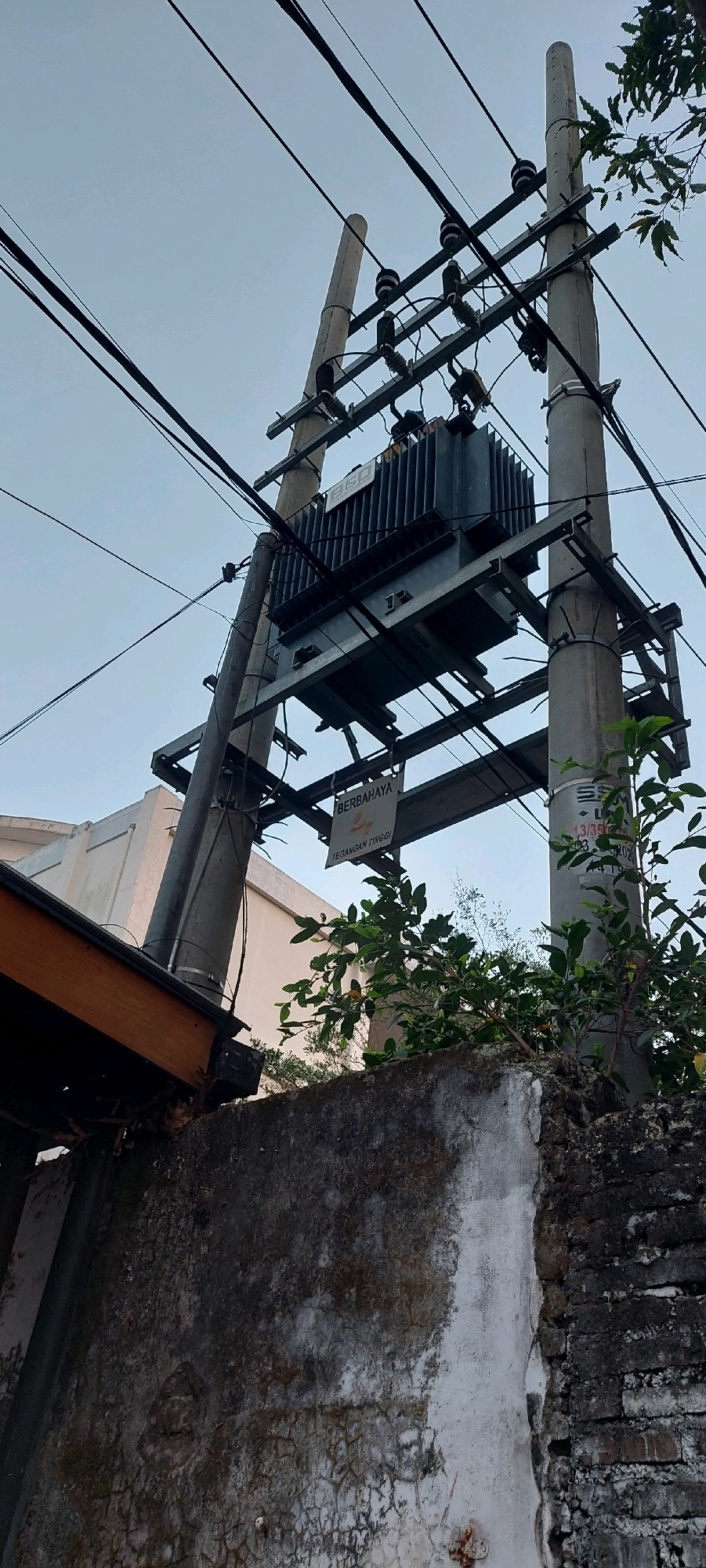 An outdoor, low-angle, eye-level shot captures a power transformer mounted on two utility poles, surrounded by a network of electrical wires and lush green foliage against a light blue sky. The transformer is dark gray with a ribbed casing and a brand name "B6D" visible on its side. A white sign with the Indonesian text "BERBAHAYA TEGANGAN TINGGI" (DANGEROUS HIGH VOLTAGE) is attached to the structure below the transformer. One utility pole is to the right, and another is leaning to the left. In the foreground, a rough, textured concrete wall with patches of moss and cracks runs horizontally across the bottom half of the frame. Part of a building's facade, a beige structure with a window, is visible behind the transformer and to the left. Leaves and branches of a small tree with some yellow fruit are in front of the wall and extend upwards, partially obscuring the utility poles and the transformer.