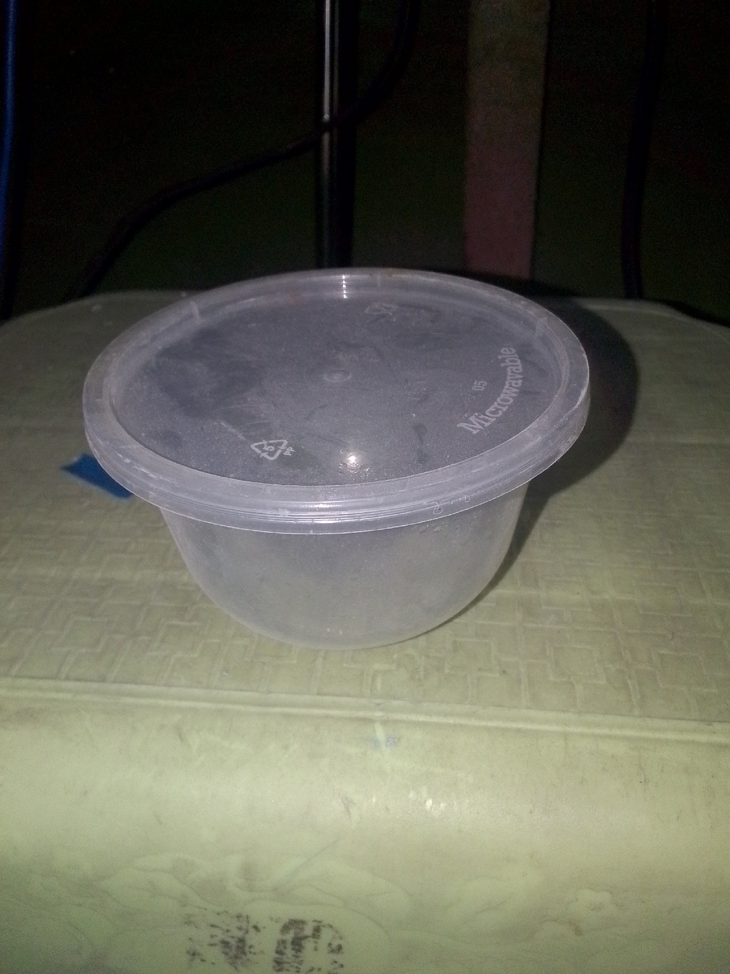 A clear plastic food container with a lid sits on a light green patterned surface. The lid has text printed on it, partially obscured by condensation, which appears to read "Microwavable" and "05". A recycling symbol is also visible on the lid. The background is dark and out of focus. No people or animals are present. The surface the container rests on appears to be a table or countertop. There is no information within the image to indicate a specific location in Gunungmasigit, Indonesia.