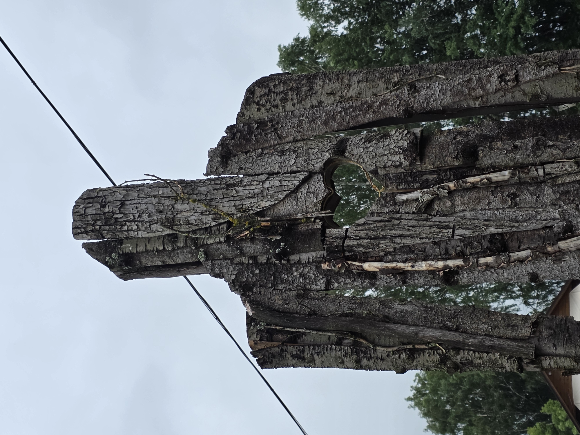 The image shows a close-up of a weathered wooden sculpture, possibly an artistic rendition of a person or a guardian figure, with a heart-shaped cutout. The sculpture is made from rough, textured bark and appears to be carved or shaped from a tree trunk or large branches. Moss and lichen are visible on the surface of the wood, indicating age and exposure to the elements. A black wire runs horizontally across the upper portion of the image, passing behind the sculpture. In the background, out-of-focus green trees and a portion of a building with a brown roof are visible under an overcast sky. The overall scene suggests an outdoor location, likely in a rural or natural setting. The city of Старые Быги, Russia, is mentioned as the location, which implies the sculpture is situated in this geographical area.