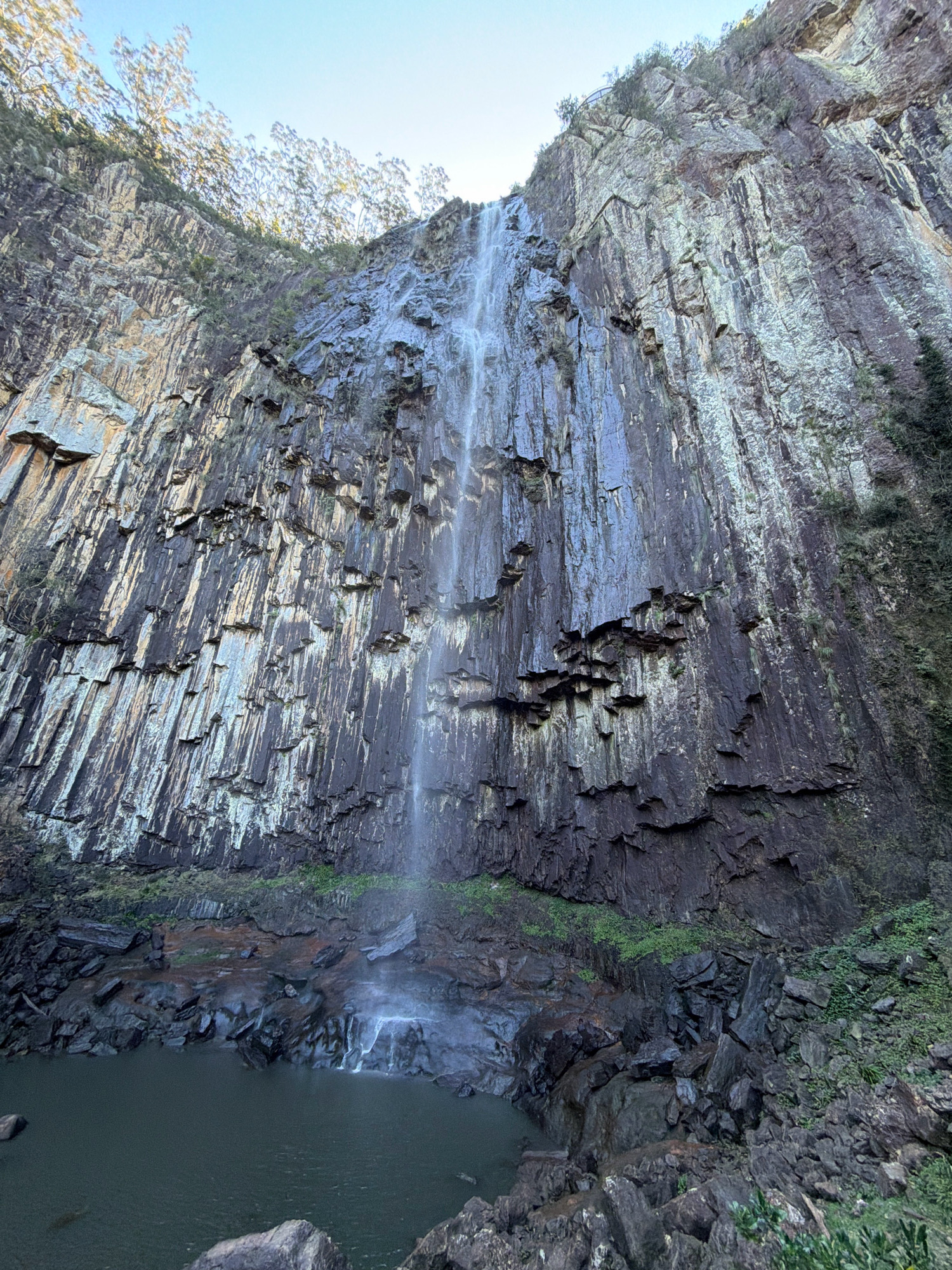 The image shows a view from below looking up at a tall waterfall cascading down a sheer, rocky cliff face. The rocks are dark and striated, with patches of moss and greenery clinging to them. The waterfall itself is a thin ribbon of white water against the dark rock. At the base of the waterfall, there is a pool of dark water surrounded by large rocks and more greenery. The sky above is a clear, pale blue. The location is identified as Whian Whian, Australia. There are no people or animals visible in the image. The environment is a natural landscape dominated by the waterfall and cliff.