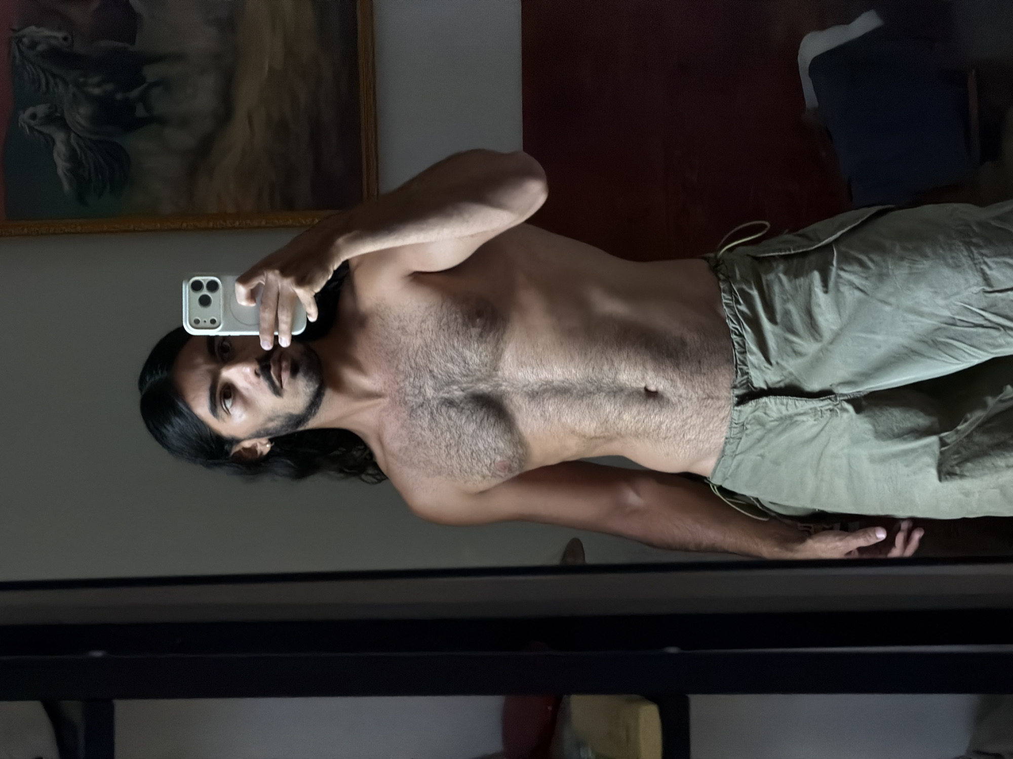 A bare-chested, bearded man with long hair is taking a selfie in front of a mirror. He is wearing green pants. In the background is a painting of horses. The location cannot be determined from the image.