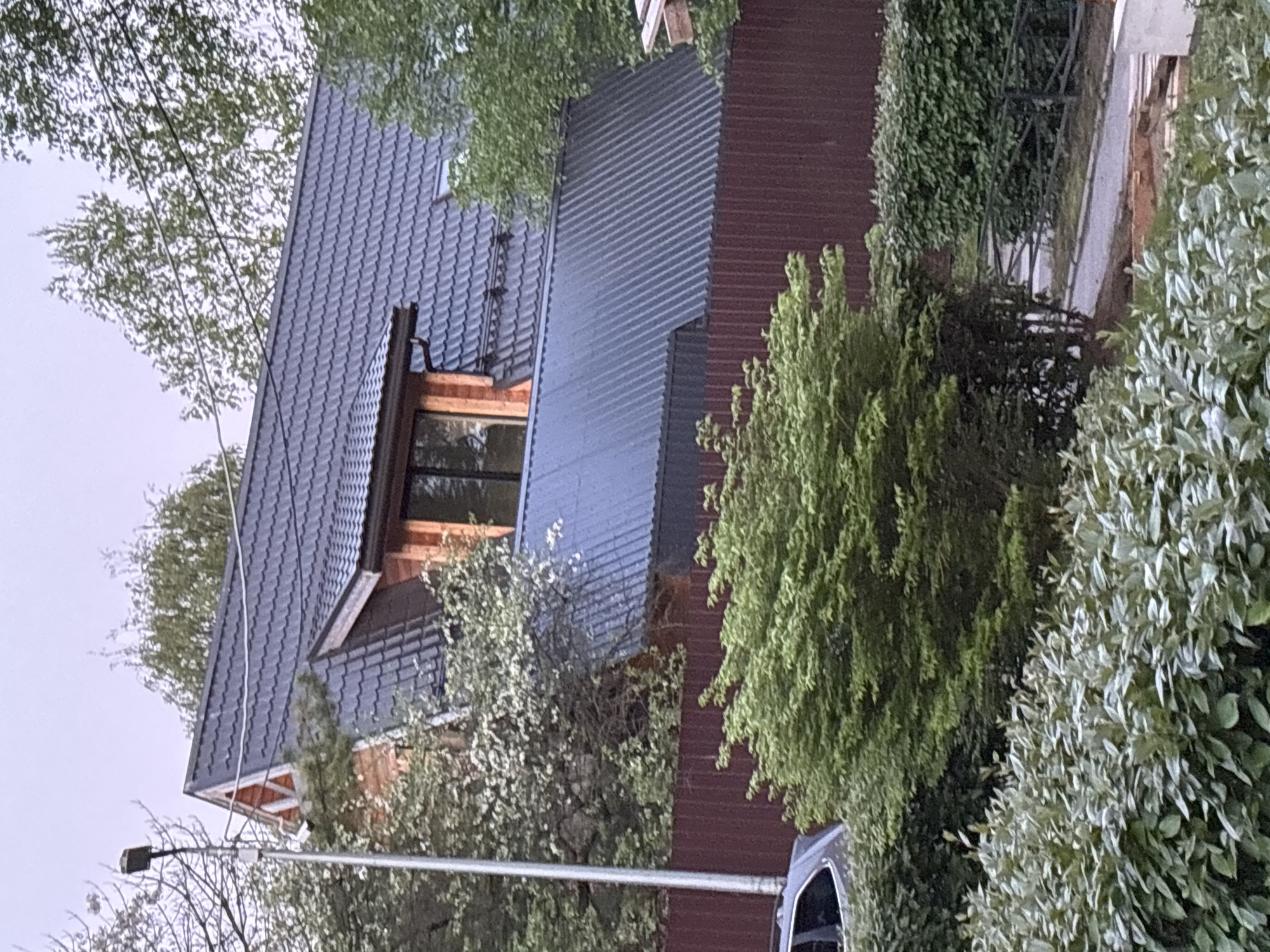A two-story house is partially visible behind foliage. It has a dark gray tile roof and brown wooden framing around a window. The exterior walls are a combination of vertical red panels and horizontal gray metal siding. The environment includes dense green bushes and trees. A street light is positioned in the foreground. It is likely located in a residential area. The specific location in Saint Petersburg, Russia cannot be determined from this image alone.