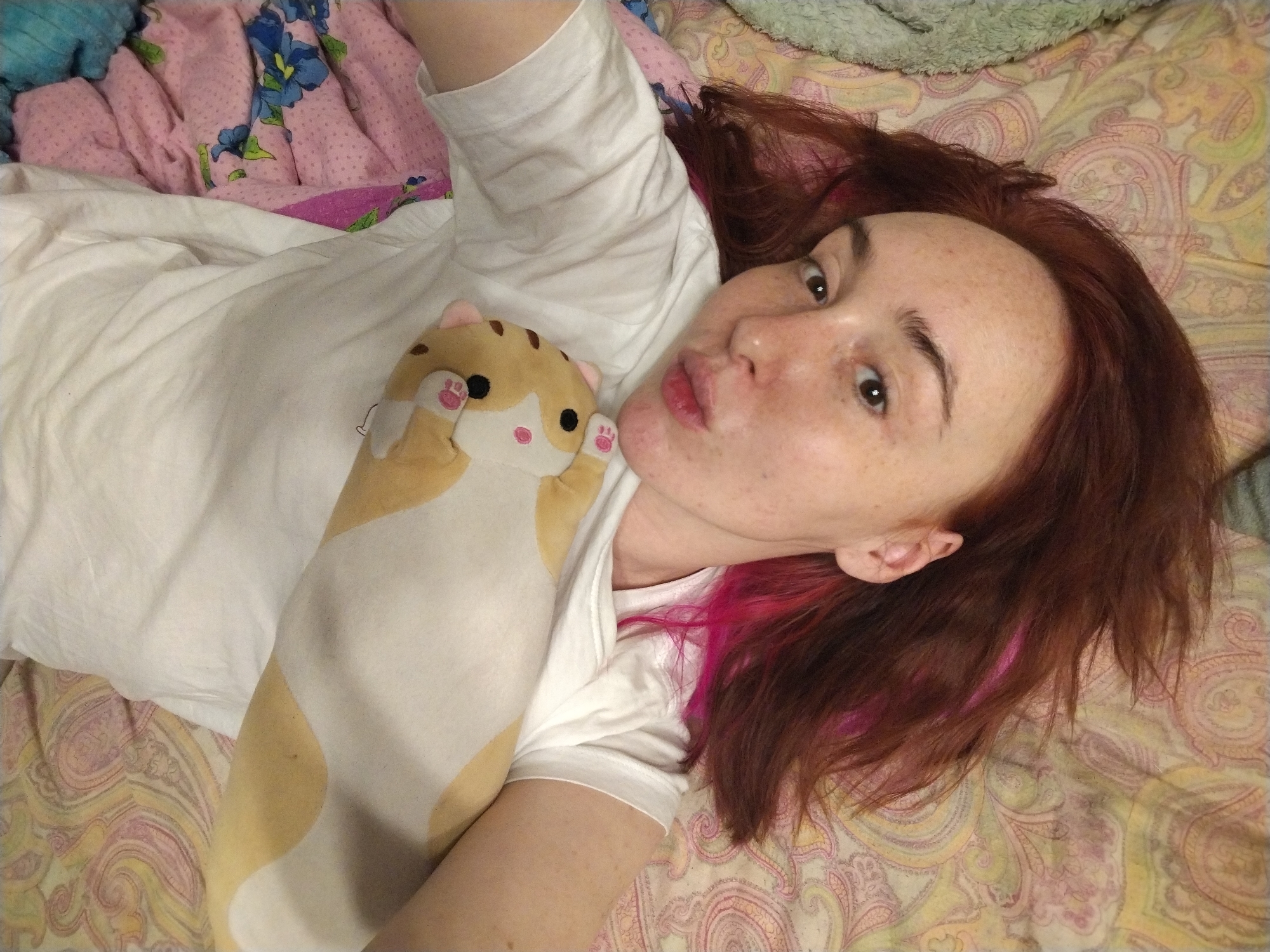 A pale-skinned person with auburn hair is lying on a paisley patterned bedspread. The person is wearing a white t-shirt. They are holding a long, tan and white cat plushie. A pink floral blanket is partially visible behind the person. The person's hair has pink streaks. The person is looking at the camera with pursed lips. The location is indeterminable from the image, and could not be determined to be Izhevsk, Russia.