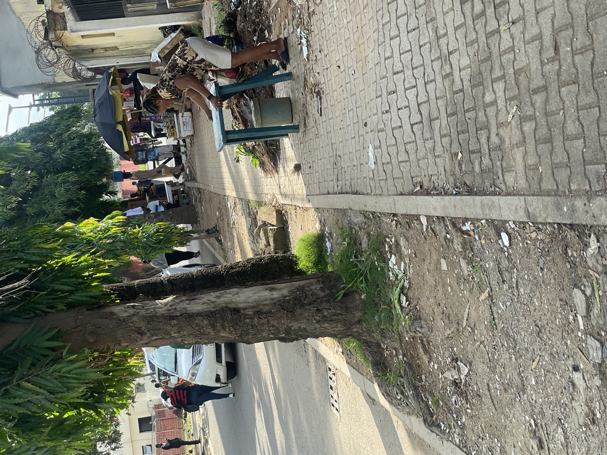 The image captures a street scene, likely in Abuja, Nigeria, characterized by a busy sidewalk adjacent to a road. In the foreground, a woman in a patterned top and white shorts is seen bending over a small teal-colored table, with her hands resting on its surface. A green cylindrical trash can is positioned beneath the table. The sidewalk itself is paved with interlocking grey bricks and is littered with debris, including wrappers and organic matter. To the left of the sidewalk, a patch of uneven ground is covered with dirt, roots, and more debris, with a large tree trunk prominently featured.
Beyond the sidewalk, the road is visible with a white vehicle, possibly an SUV, parked or moving slowly. Several individuals are present on the sidewalk further down, including a person in a red and black striped shirt and dark pants walking away from the camera, and another person in a grey sweatshirt walking towards the camera. The background reveals more trees, buildings, a black umbrella providing shade, and what appears to be a market stall with various items displayed. Barbed wire is visible atop a wall in the far background, suggesting a secure or potentially industrial area. The overall impression is of a dynamic urban environment with a mix of commercial activity and everyday life.