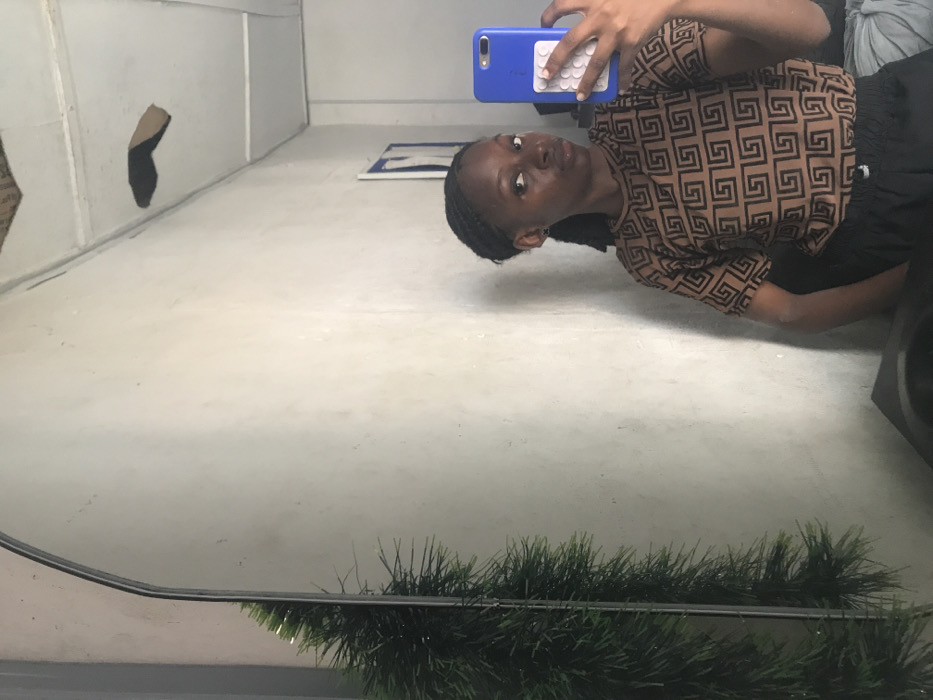 A young adult female is depicted in a mirror selfie taken indoors in Ado, Nigeria. She has dark skin and her dark hair is styled in braids. She is wearing a brown, short-sleeved t-shirt with a black geometric pattern and dark trousers. The subject holds a blue smartphone, equipped with a white textured grip on the reverse, in her right hand, angled to capture her reflection. Her gaze is directed towards the camera with pursed lips. The background, visible in the mirror, consists of a light-colored, textured wall. An artificial green plant is visible vertically along the left side of the mirror's reflection. The ceiling displays two distinct, irregular holes or missing panels. A partially visible framed item with a blue border is affixed to the wall behind the subject's reflection. An unidentified dark object is present at the lower edge of the image frame.