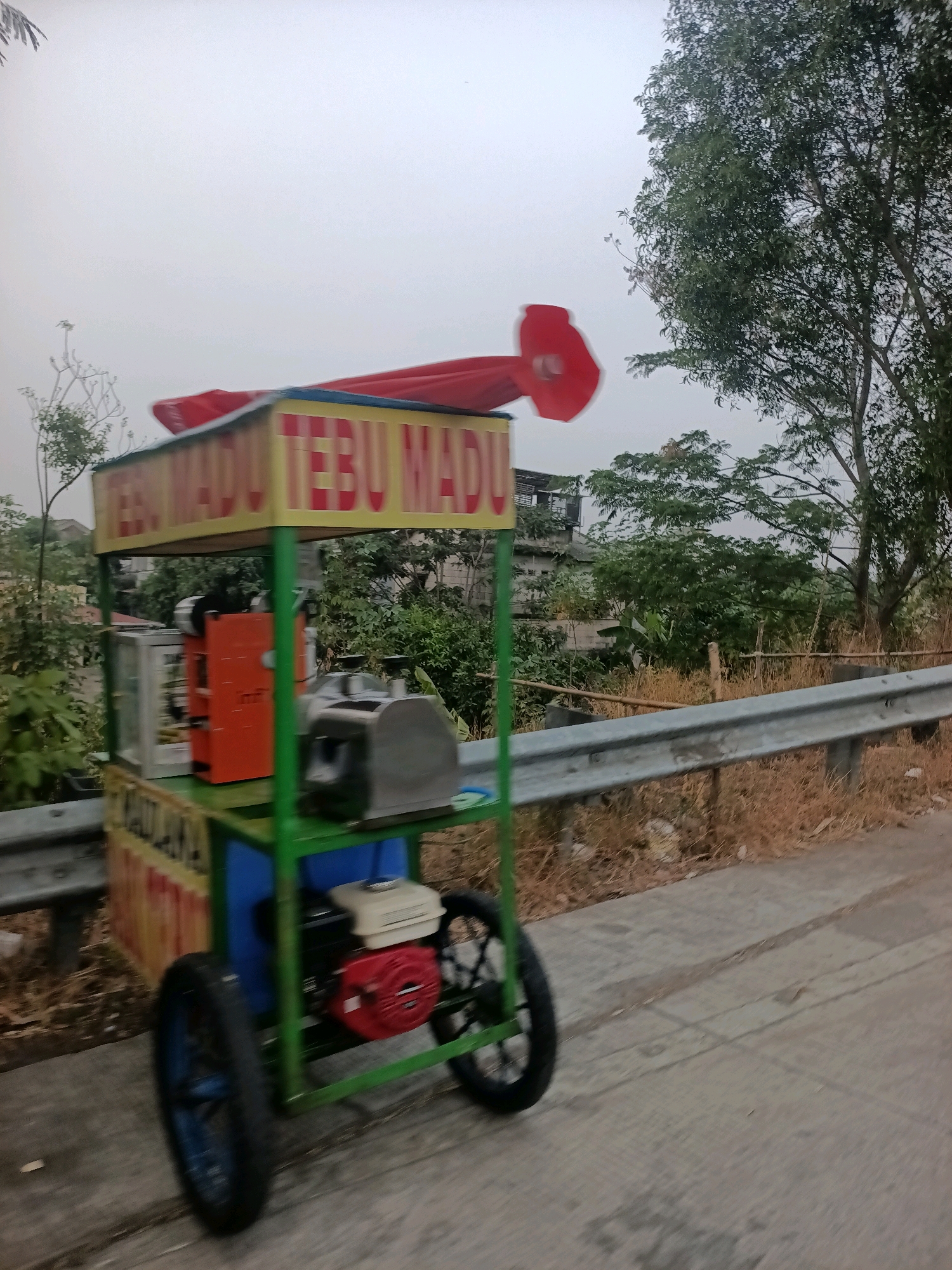 A food cart, labeled "TEBU MADU" in yellow and red lettering, is parked on a concrete path next to a metal guardrail. The cart is green with a red canopy and appears to be a sugarcane juice vendor. It is equipped with a gasoline-powered engine and a juicing mechanism. The background consists of dry grass, scattered trees, and buildings, suggesting a semi-rural or suburban setting. The sky is overcast. The overall scene appears to be a snapshot from the city of Telagaasih, Indonesia.