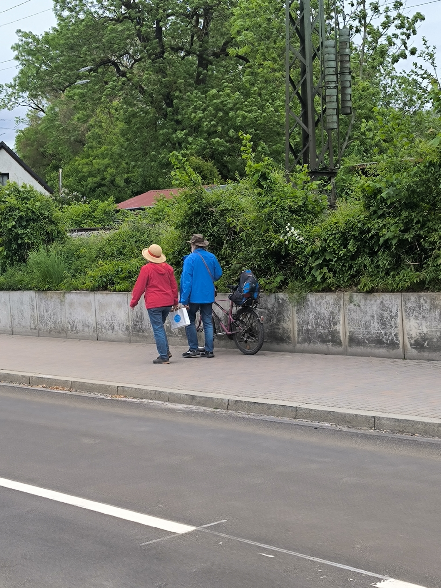 Two pedestrians, a woman and a man, walk along a sidewalk beside a road in Freising, Germany. The woman, wearing a red hooded jacket, jeans, and a straw hat, carries a white shopping bag. The man, in a blue jacket, jeans, and a hat, stands next to a purple bicycle with a backpack attached. They are adjacent to a low concrete wall with dense green foliage above. A black and silver powerline tower is visible amidst the greenery to the right. Behind the greenery, a glimpse of a white building with a grey roof is seen on the left, along with another building with a red roof. The road is asphalt with a solid white line marking the edge. The scene appears to be outdoors in daylight.