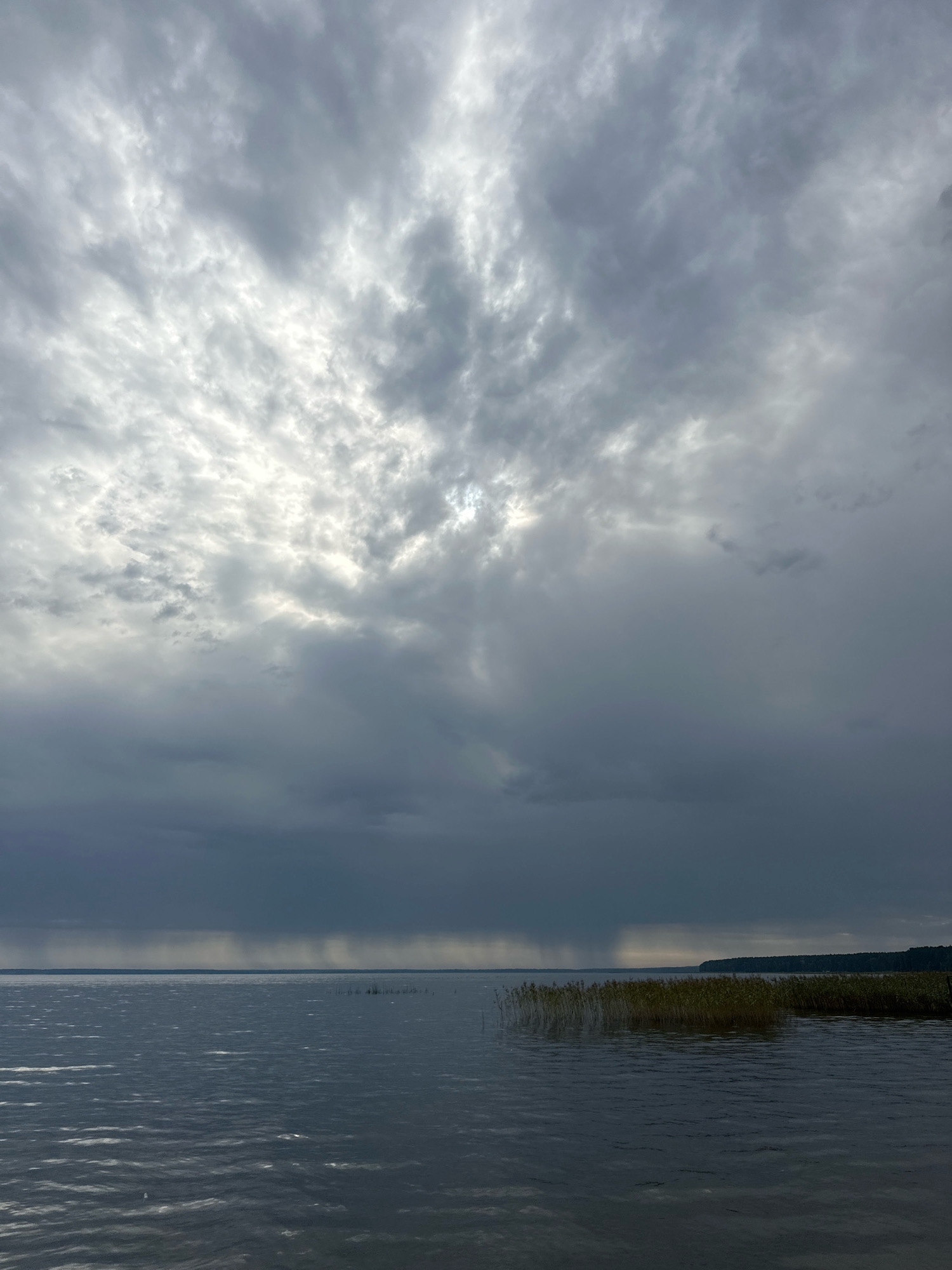 The image depicts a wide expanse of a large body of water, possibly a lake or river, under a dramatic, overcast sky. The sky is filled with complex cloud formations, with patches of brighter light breaking through some of the grey layers, suggesting either early morning or late afternoon. In the distance, a dark band of rain appears to be falling over the water, creating a visible curtain of precipitation. Along the far bank, a line of trees and reeds is visible, indicating a shoreline. The water's surface is rippled, suggesting a light breeze. The overall impression is one of moody, natural beauty, characteristic of a scene in the Нарацкі сельскі Савет, Belarus, known for its picturesque lakes and landscapes. There are no people or man-made objects prominently featured in the foreground.