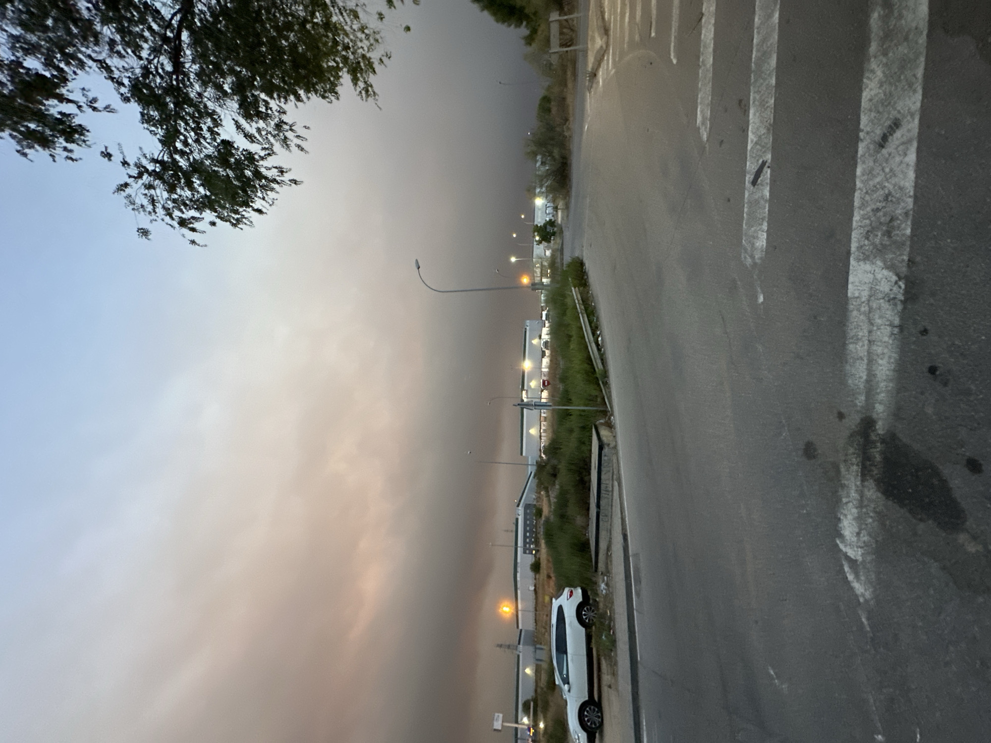 The image captures an industrial area on the outskirts of Cabanillas del Campo, Spain, under a hazy sky tinged with orange and pink hues, suggesting smoke or dust. A white SUV is parked on the left side of the road, beside a patch of overgrown vegetation. In the background, a row of modern industrial buildings with white facades and dark roofs stretches across the horizon, illuminated by streetlights and possibly distant fires. The foreground shows a paved road with white pedestrian crossing markings. A large tree with dark green foliage is visible in the upper right corner of the frame, casting shadows. The overall atmosphere is subdued, with muted colors and a sense of twilight.