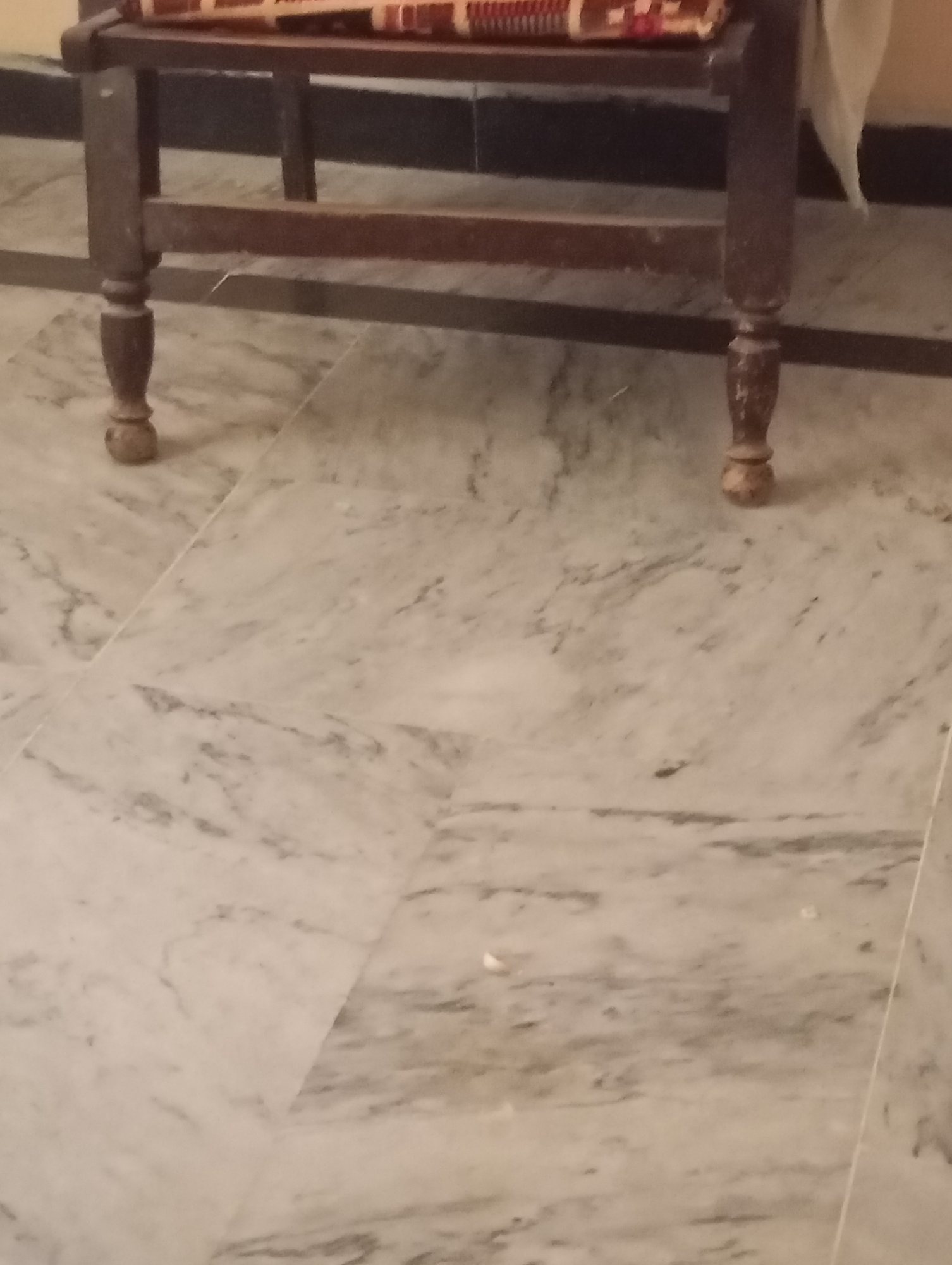 The image shows a close-up view of the legs and bottom portion of a wooden chair. The chair has carved legs that taper towards the bottom. The seat of the chair is partially visible and appears to be upholstered with a patterned fabric. The chair is placed on a marble floor. The marble has a light color with grey veining. The background behind the chair is blurred, but appears to be a dark wall or surface. There are no people or animals visible in the image. The scene is indoors, in what appears to be a domestic or public indoor space with a marble floor.