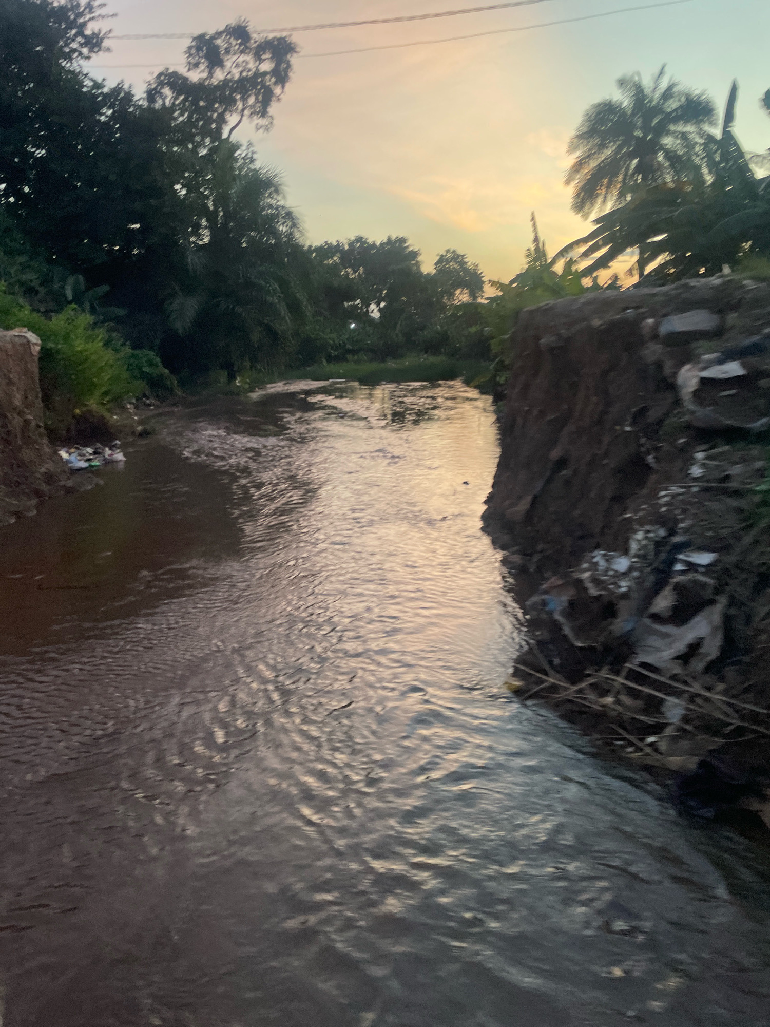 The image depicts a muddy river flowing through a somewhat neglected area, likely in Abuja, Nigeria, under a hazy, warm-toned sky suggestive of either sunrise or sunset. Lush green vegetation lines the banks of the river, with trees and palm fronds visible. The riverbanks appear eroded in places, with exposed soil and debris, including plastic waste, scattered along the right bank. The water itself is murky brown and appears to be flowing at a moderate pace, with ripples reflecting the soft light of the sky. Overhead, power lines are faintly visible against the sky. The scene has a natural, undeveloped feel, with elements of human impact in the form of pollution.