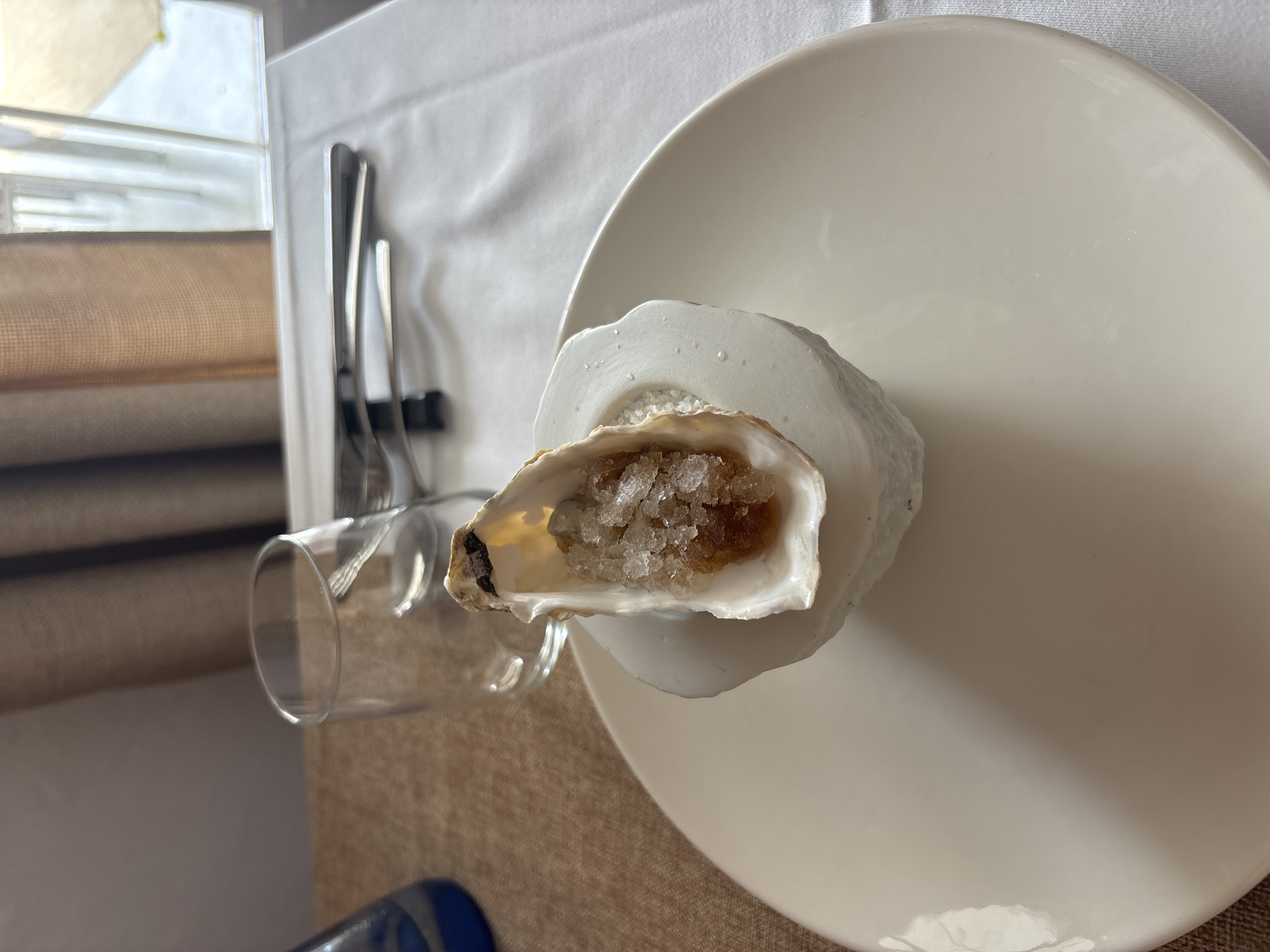 A close-up, eye-level shot features a single oyster served in its shell, resting on a white, abstract pedestal, which in turn sits on a large white plate. The oyster is filled with ice shards and a dark, viscous liquid. The plate is positioned on a white tablecloth, with a textured brown tablecloth visible in the background to the left. To the left of the plate, a clear glass is placed on the brown tablecloth. Behind the glass, a set of cutlery rests on the white tablecloth. A window with beige curtains is visible in the upper right corner of the frame. The overall lighting suggests an indoor setting. This scene is likely from a restaurant in Carboneras, Spain, given the presentation and typical dining setup. There are no people visible in the image.