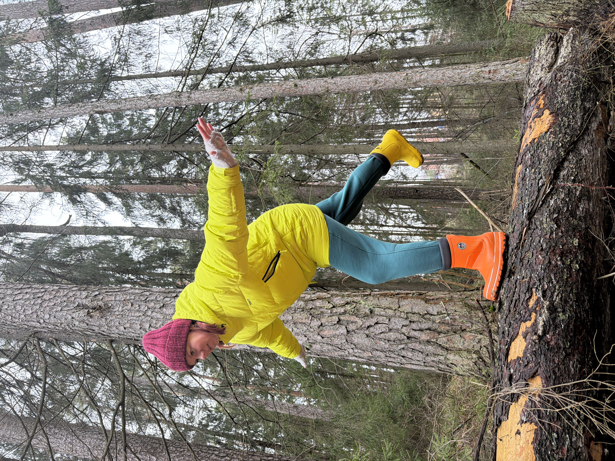 The image shows a person, apparently female, in a forest setting, seemingly in a posed or staged position. She is wearing a pink knit hat, a bright yellow jacket, teal pants, and mismatched boots - one orange and one yellow. The orange-booted foot is placed against the trunk of a large tree. The other leg, with the yellow boot, is extended upwards. One arm is extended upwards and the other downwards, giving the impression of a playful or acrobatic pose. The background consists of a dense forest of tall, slender trees. The image is tilted, with the trees appearing to grow sideways or diagonally. The specific location is the city of Chaikovsky, Russia.