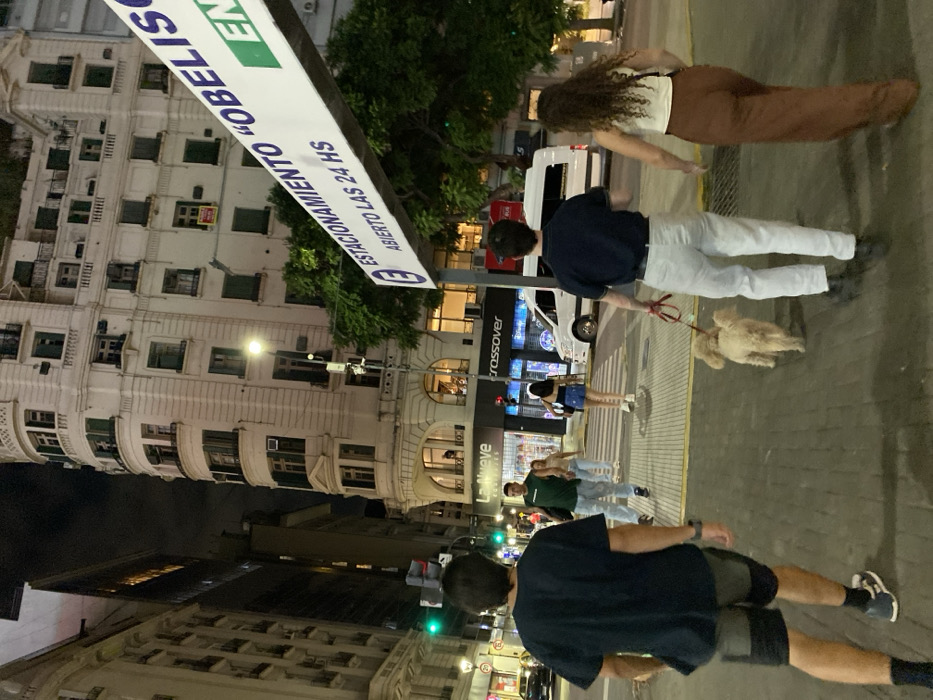 At night, pedestrians cross a city street. A light-skinned woman with curly hair wears brown pants. Nearby, a light-skinned man walks a tan dog. He wears a dark shirt and white pants. Ahead, another person in a green shirt and white pants crosses the street. On the left, a tall building with many windows looms. A sign advertising "Estacionamiento Obelisco" hangs overhead. Streetlights illuminate the scene.